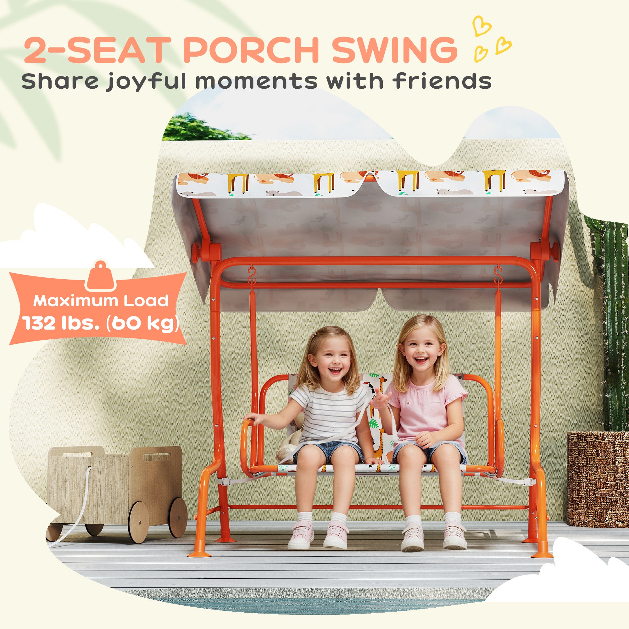 AIYAPLAY Kids Porch Swing, 2-Seater Patio Swing Bench Hammock with Seat Belts, Adjustable Canopy for Garden, Orange