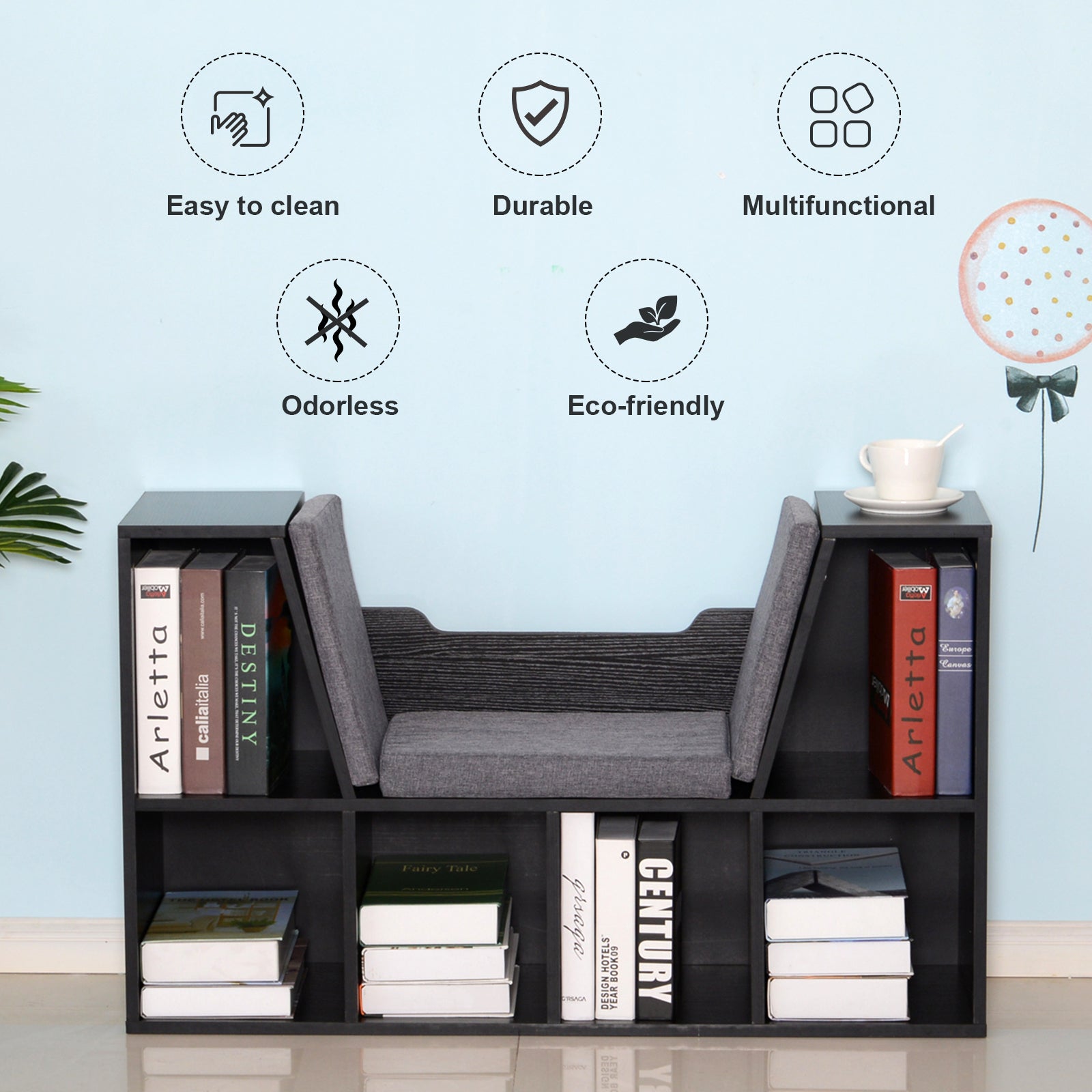 HOMCOM Bookcase Storage Shelf with Cushioned Reading Seat, Cube Bookshelf Organizer for Bedroom Living Room, Black - North Peak Garden Furniture