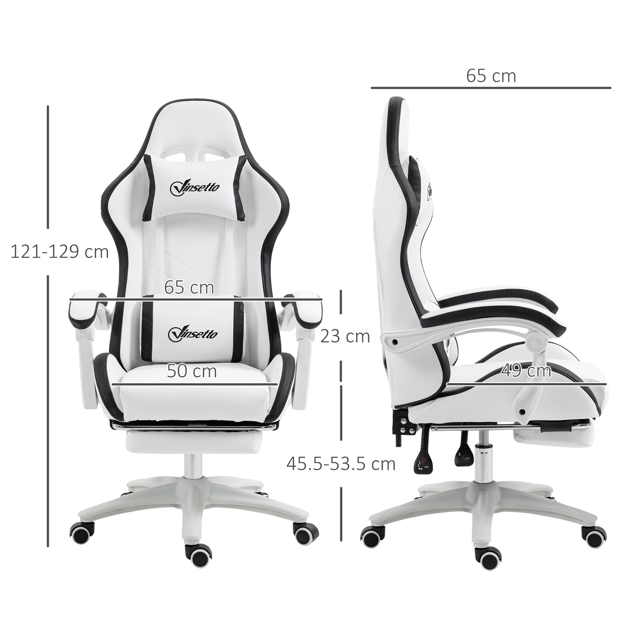 Vinsetto Computer Gaming Chair, PU Leather Desk Chair with Footrest, Swivel Task Chair with 135° Reclining Back and Lumbar Support, PC Chair for Adults, White and Black - North Peak Garden Furniture