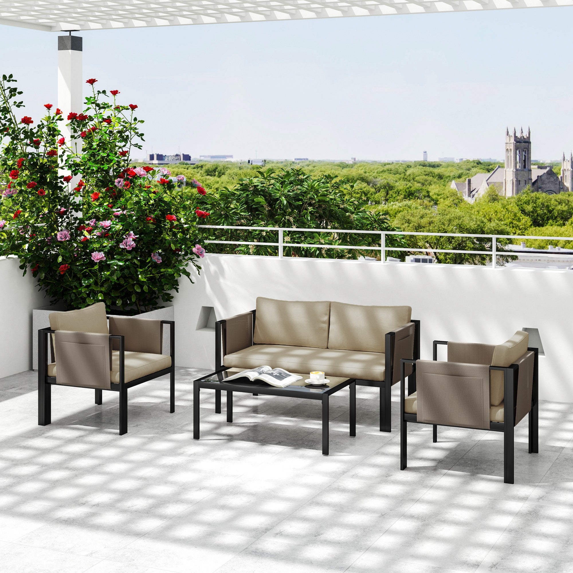Outsunny 4 Piece Metal Garden Furniture Set with Tempered Glass Coffee Table, Texteline Pocket, Outdoor Set Loveseat Single Armchairs with Padded Cushions, Khaki - North Peak Garden Furniture