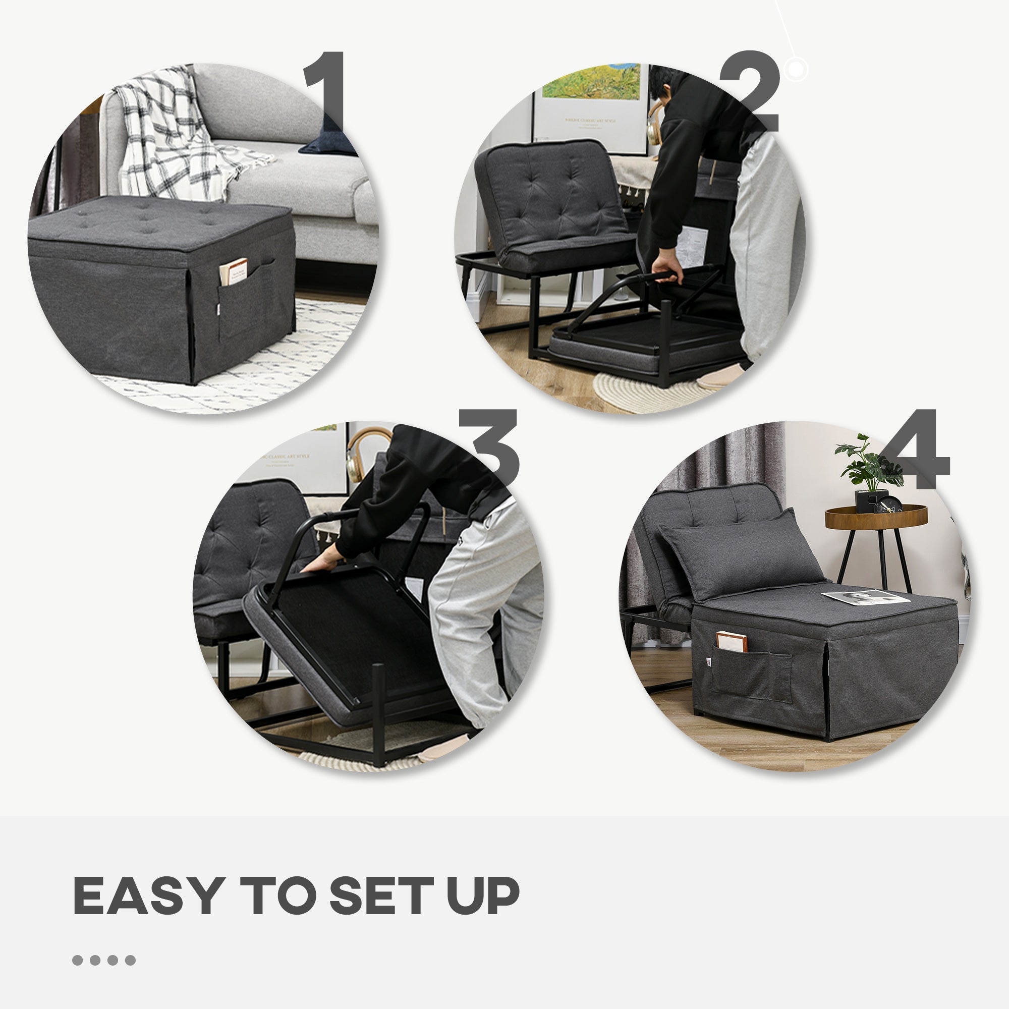 HOMCOM Fabric Sleeper Chair, Folding Chair Bed with Adjustable Backrest, Pillow, Side Pockets for Living Room, Charcoal Grey - North Peak Garden Furniture