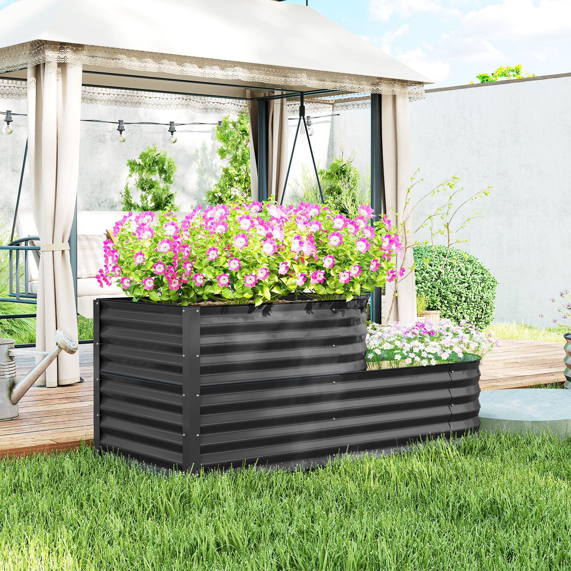 Outsunny Two-Tier Galvanised Steel Garden Planter - Dark Grey - North Peak Garden Furniture