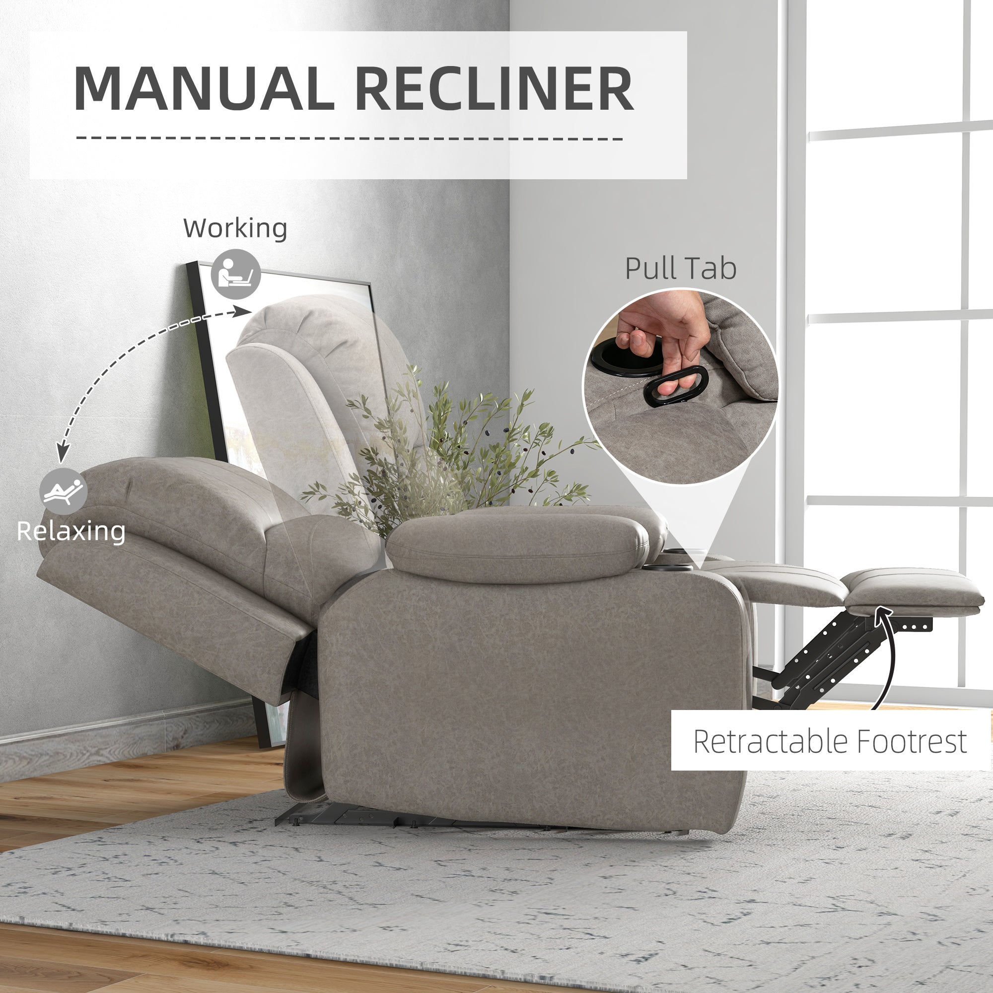 HOMCOM Microfibre Recliner Armchair, with Adjustable Leg Rest, Cup Holder, for Home Living Room, Brown - North Peak Garden Furniture
