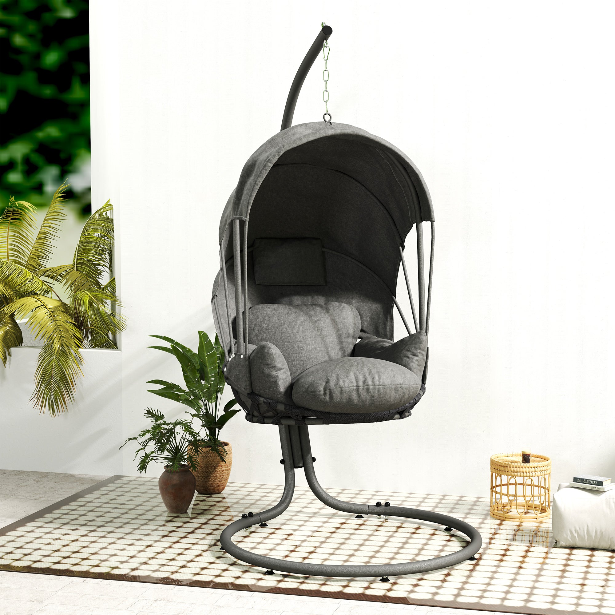 Outsunny Hanging Egg Chair Swing Hammock Chair with Stand, Cushion and Retractable Canopy, for Indoor and Outdoor, Grey - North Peak Garden Furniture