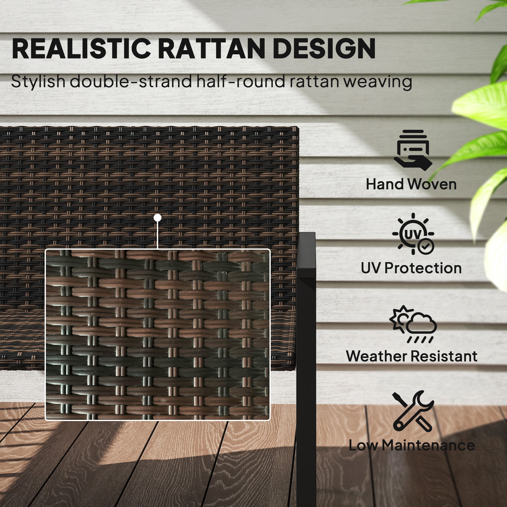 Outsunny 2 Seater Rattan Garden Bench, Outdoor Bench with Quick-Drying Cotton Padding, Wicker Garden Loveseat with Armrests, Steel Frame for Patio, Park, Mixed Brown - North Peak Garden Furniture