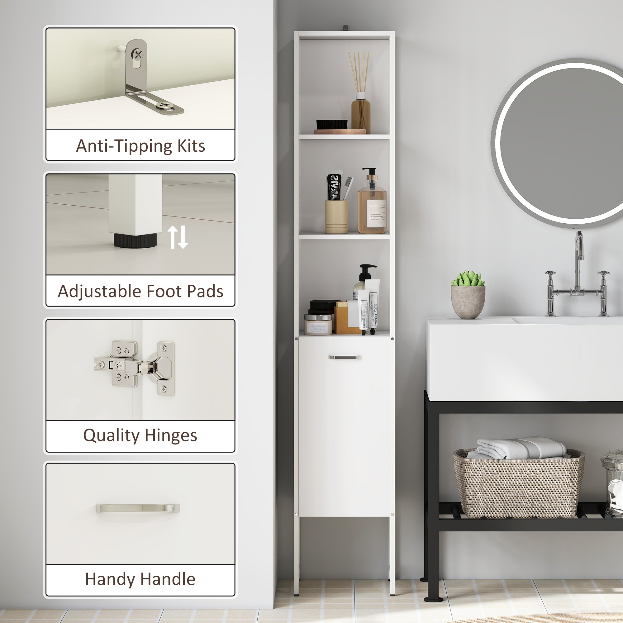 HOMCOM Tall Bathroom Cabinet with Open Shelves and Adjustable Shelf - White - North Peak Garden Furniture