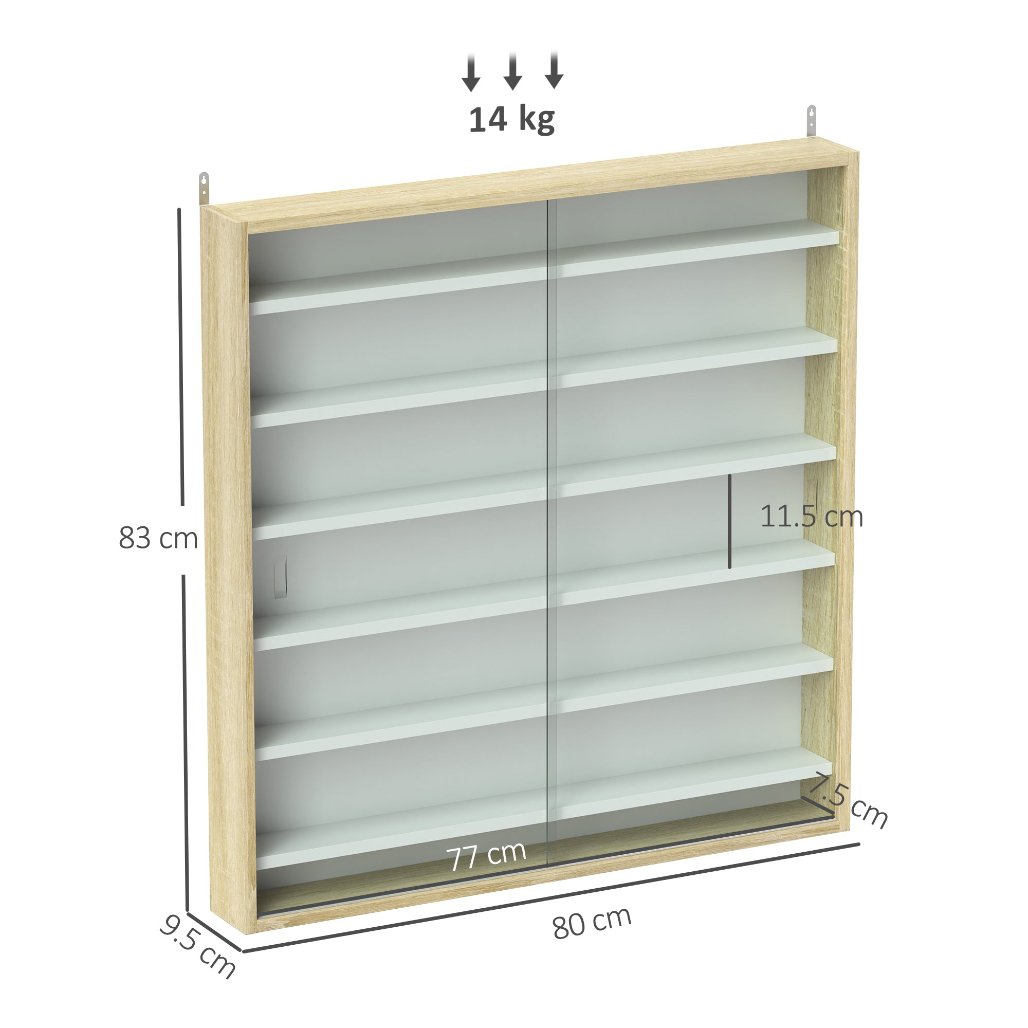 HOMCOM 7-Tier Wall Display Shelf Unit Cabinet w/ 6 Adjustable Shelves Glass Doors Home Office Ornaments 83x80cm, Oak - North Peak Garden Furniture