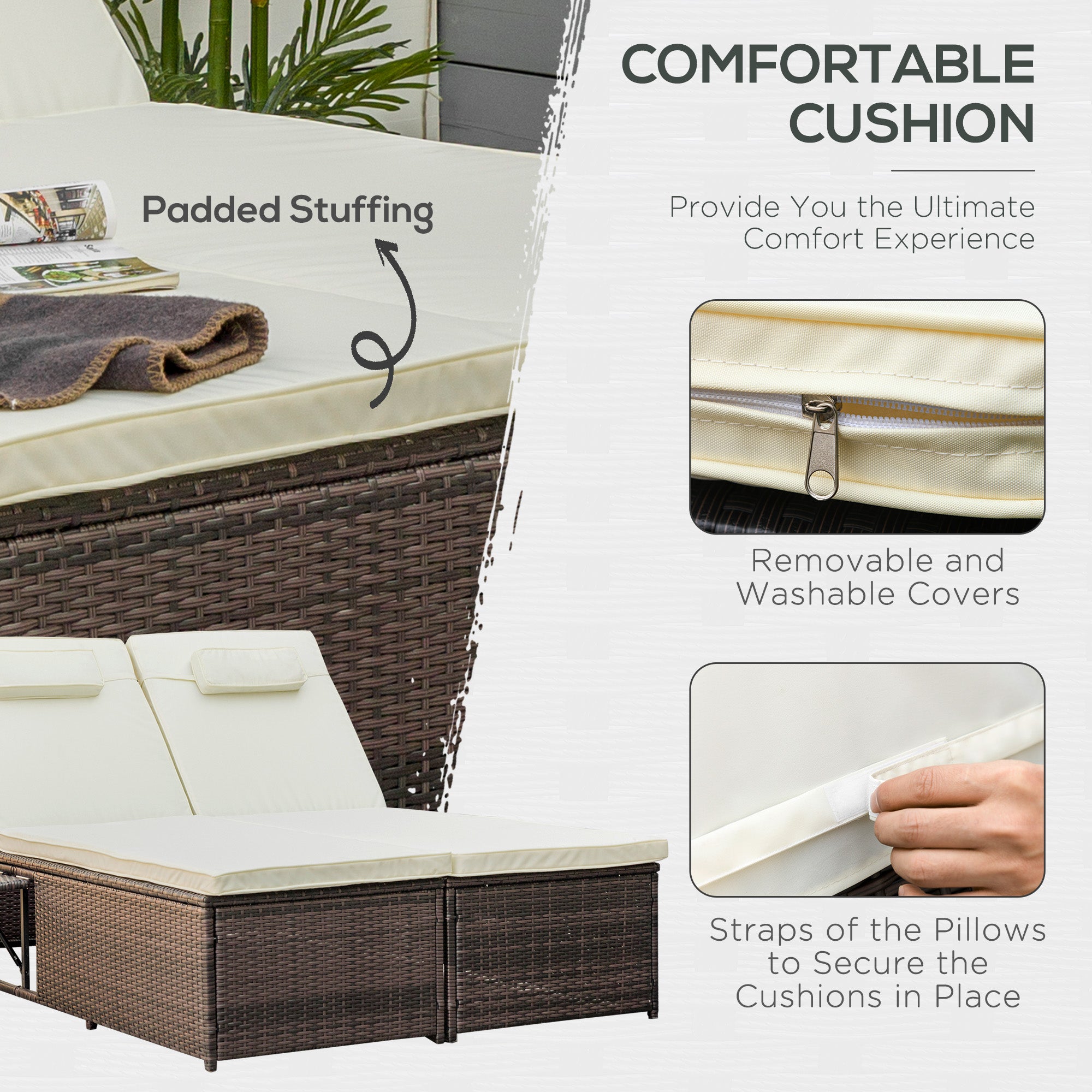 Outsunny 2 Seater Double Rattan Sun Lounger Recliner Day Bed Outdoor Wicker Weave Furniture Sofa w/ Fire Retardant Cushions – Cream - North Peak Garden Furniture