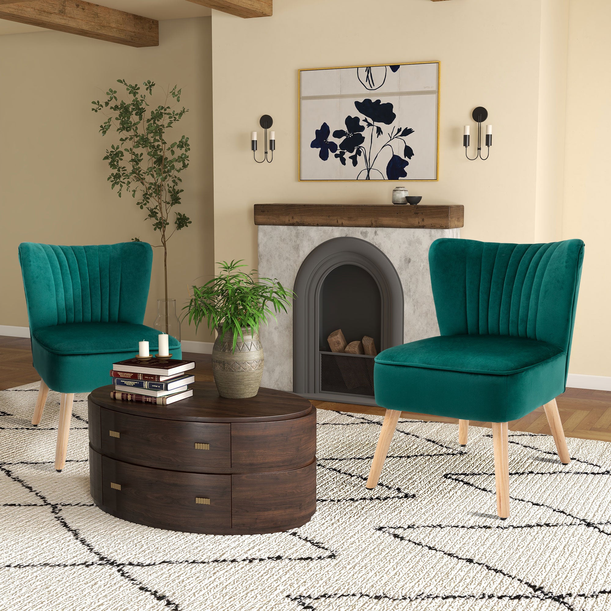 HOMCOM Velvet Accent Chair Occasional Tub Seat Padding Curved Back with Wood Frame Legs Home Furniture Set of 2 Green - North Peak Garden Furniture