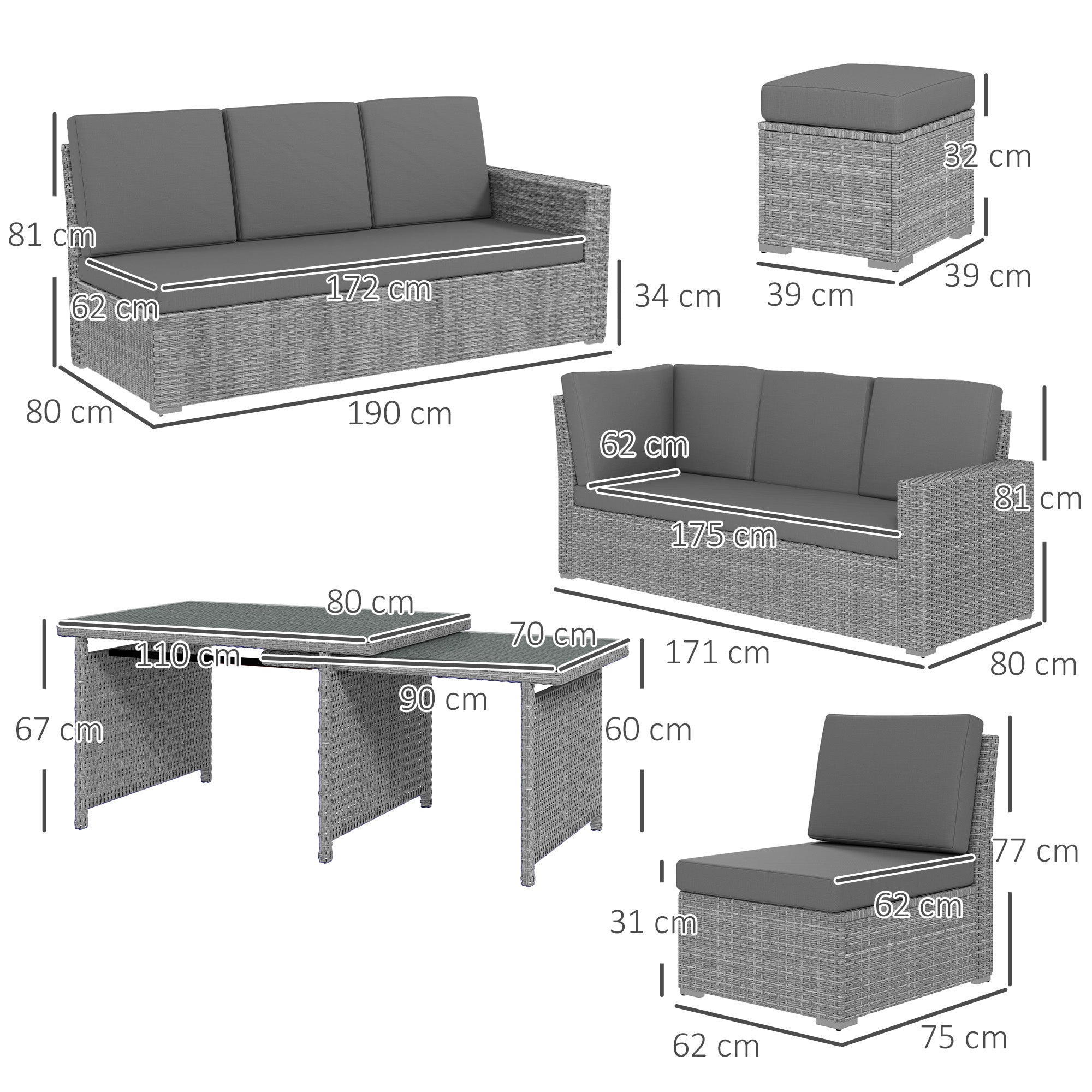 Outsunny Seven-Piece Rattan Garden Sofa Set, with Expanding Table - Light Grey - North Peak Garden Furniture