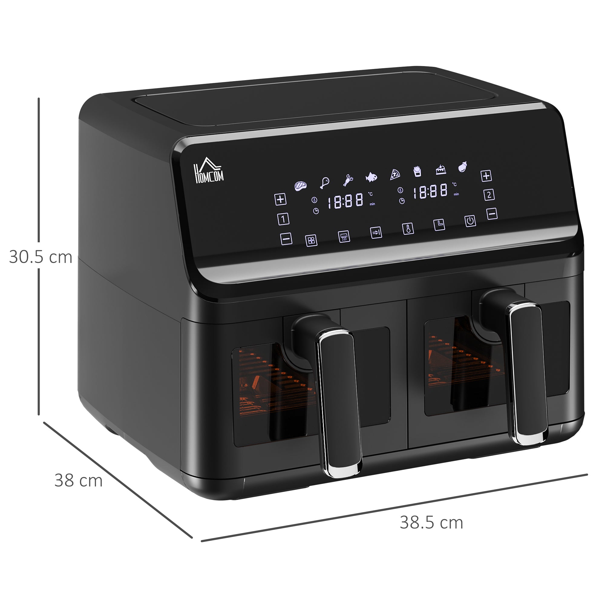 HOMCOM 8L Dual Basket Air Fryer, 8-in-1 Air Fryer Oven with Digital Display, Visible, Timer, Preheat for Oil Free Low Fat Cooking, 2500W, Sync Finish, Sliver - North Peak Garden Furniture