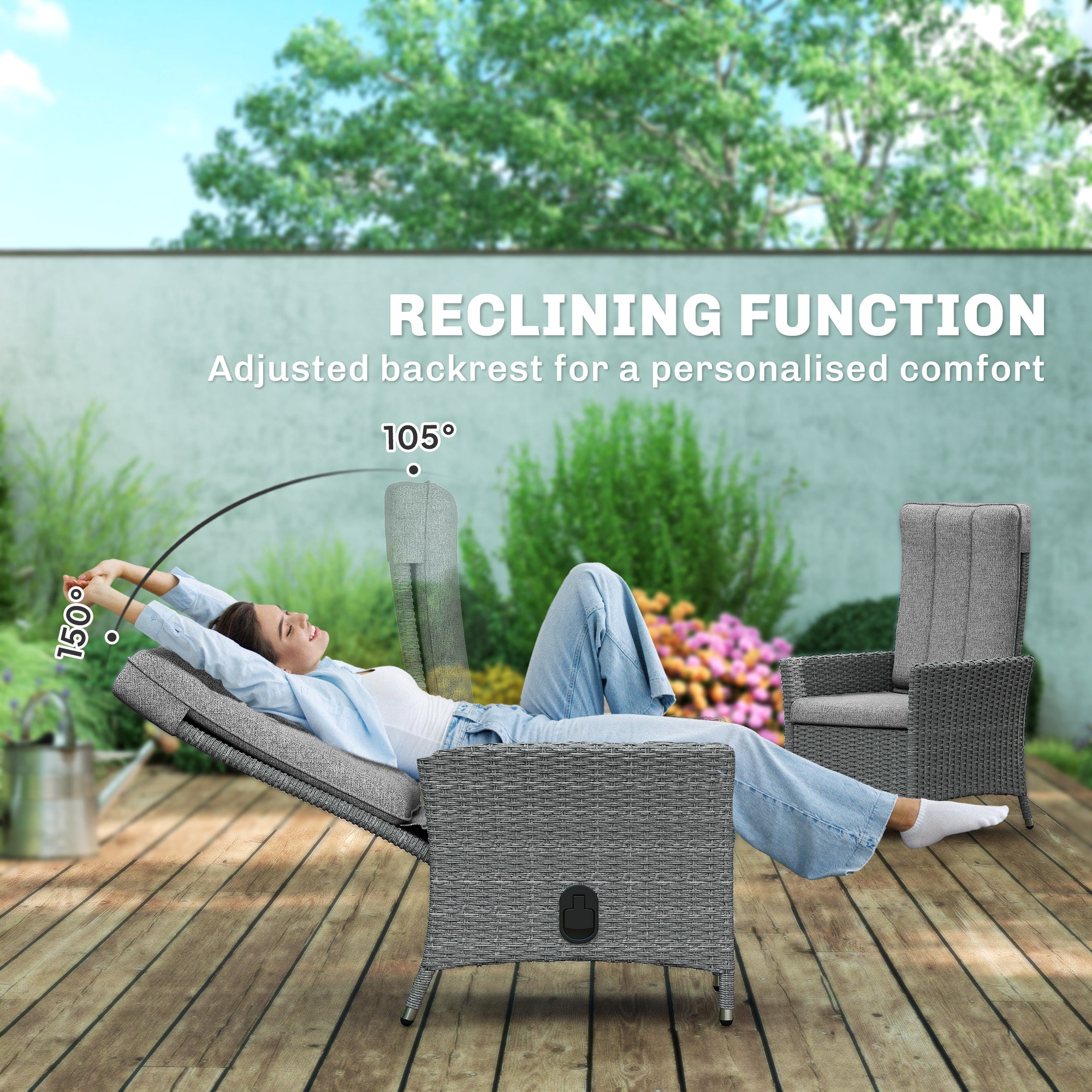 Outsunny 105°-150° Reclining Rattan Chair - Light Grey