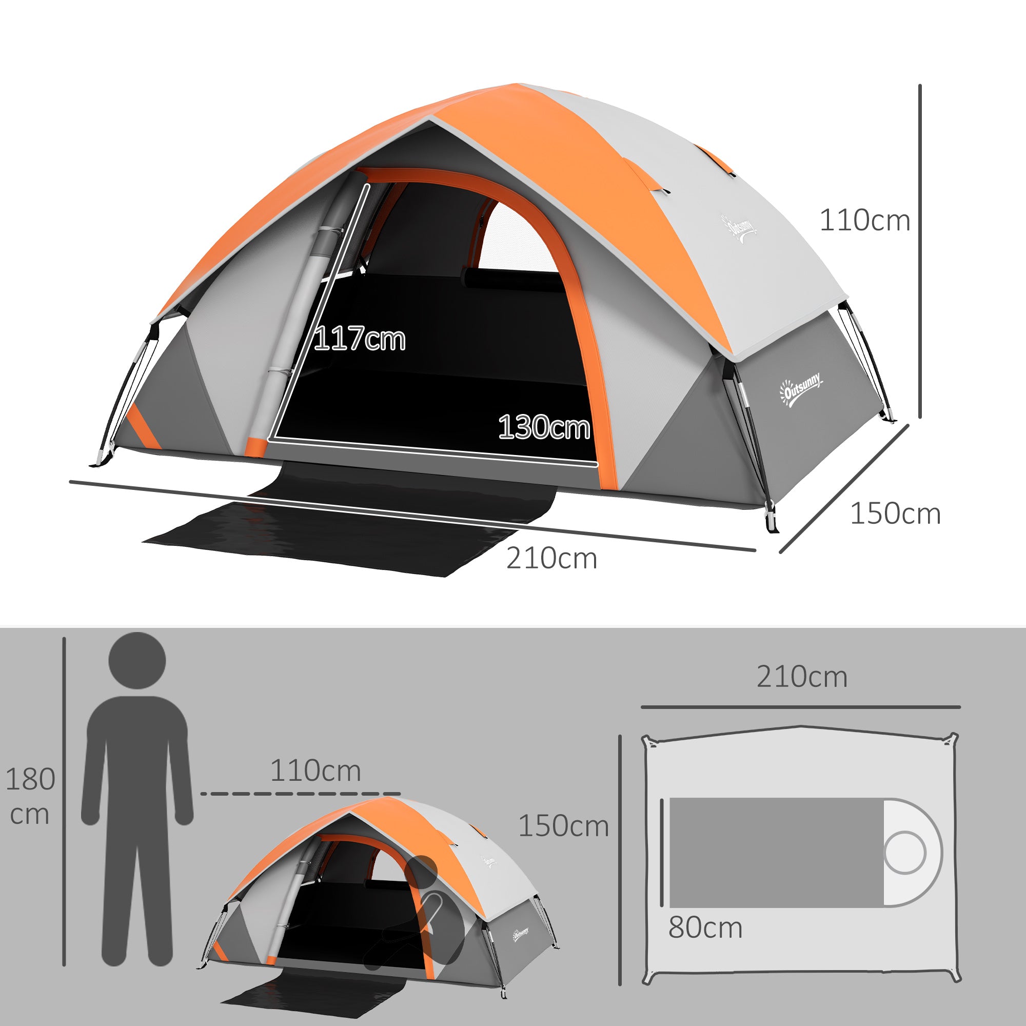 Outsunny 2 Man Pop up Camping Tent, 2000mm Waterproof with Carry Bag for Fishing Hiking Backpacking, Grey and Orange