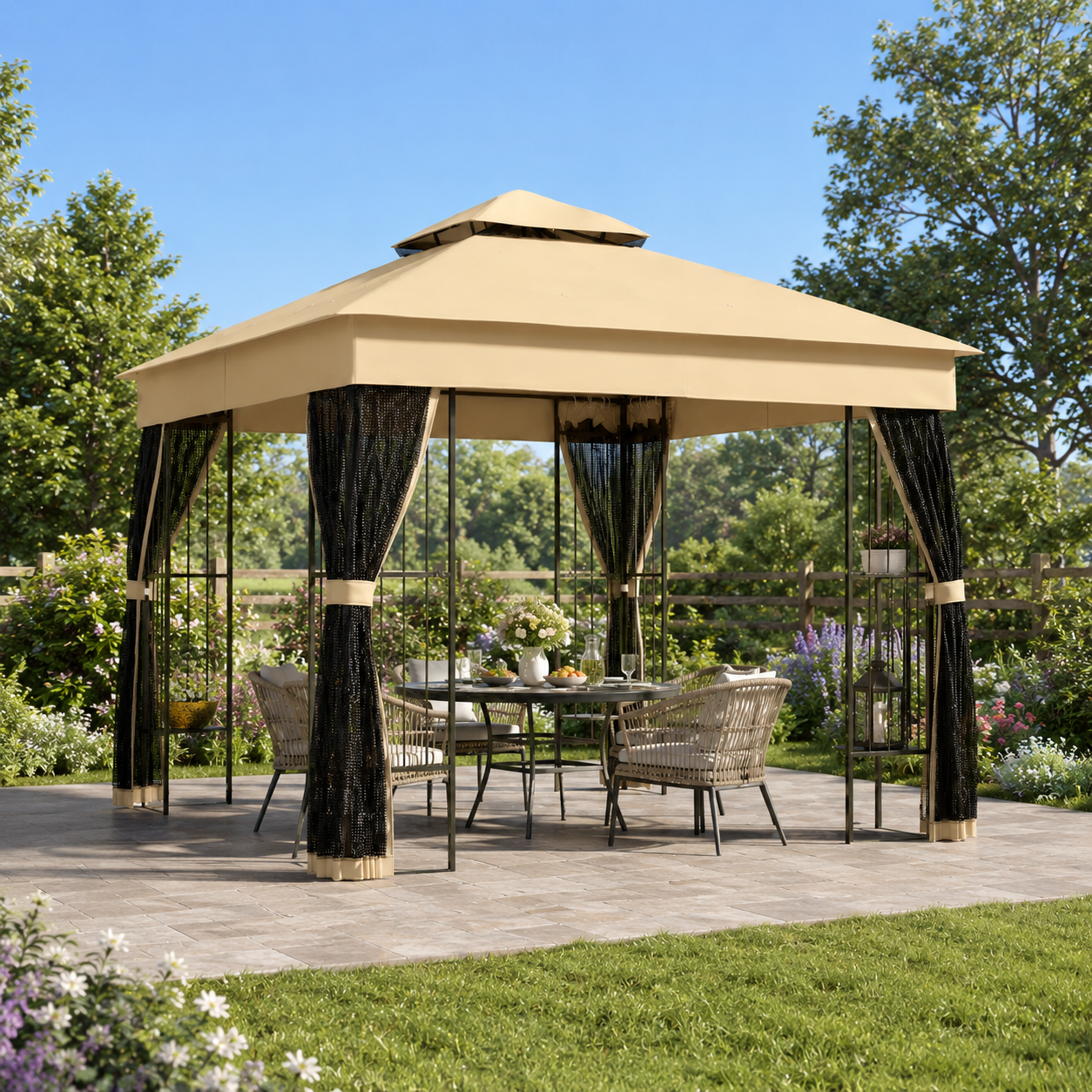 Outsunny 3 x 3 m Outdoor Garden Gazebo with Post Shelves, UPF50+ Double Roof Patio Permanent Pavilion, Brown