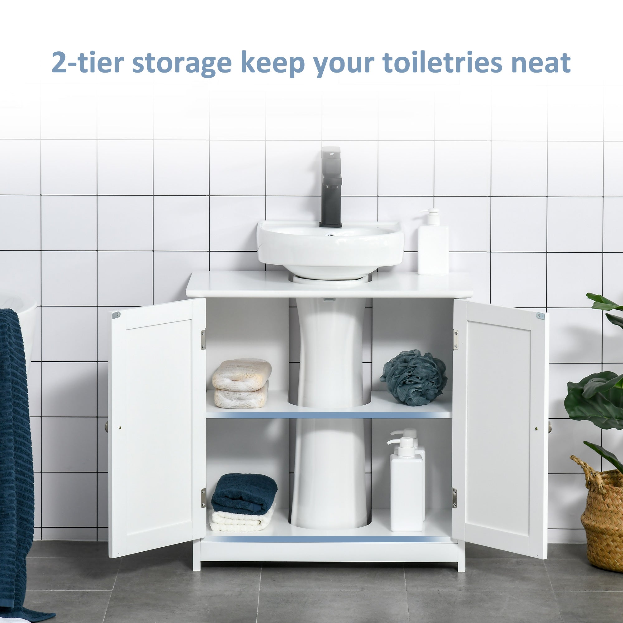 kleankin 60x60cm Under-Sink Storage Cabinet w/ Adjustable Shelf Handles Drain Hole Bathroom Cabinet Space Saver Organizer White - North Peak Garden Furniture