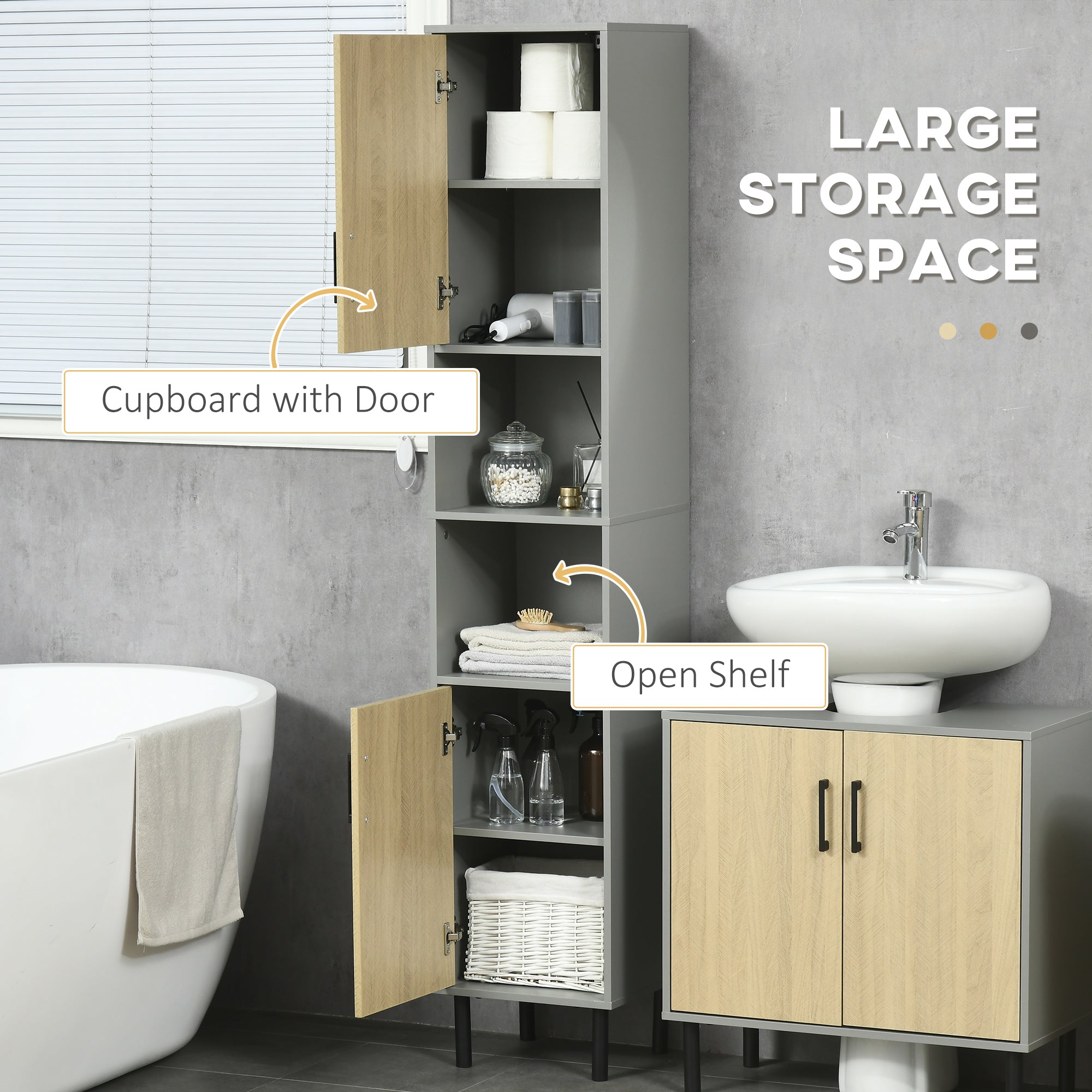kleankin Freestanding Bathroom Storage, Tall Bathroom Cabinet with Door and Adjustable Shelves, 31.4x30x165cm - North Peak Garden Furniture
