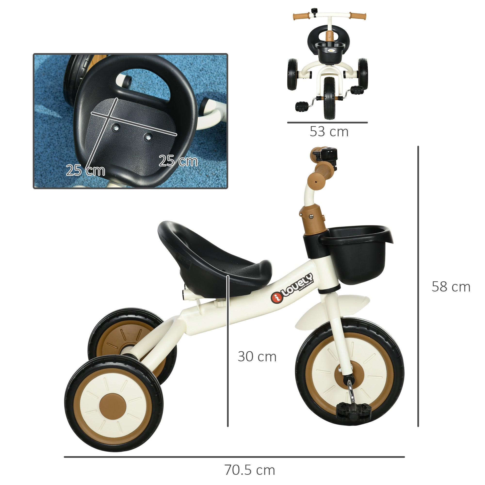 AIYAPLAY Kids Trike, Tricycle, with Adjustable Seat, Basket, Bell, for Ages 2-5 Years - White - North Peak Garden Furniture