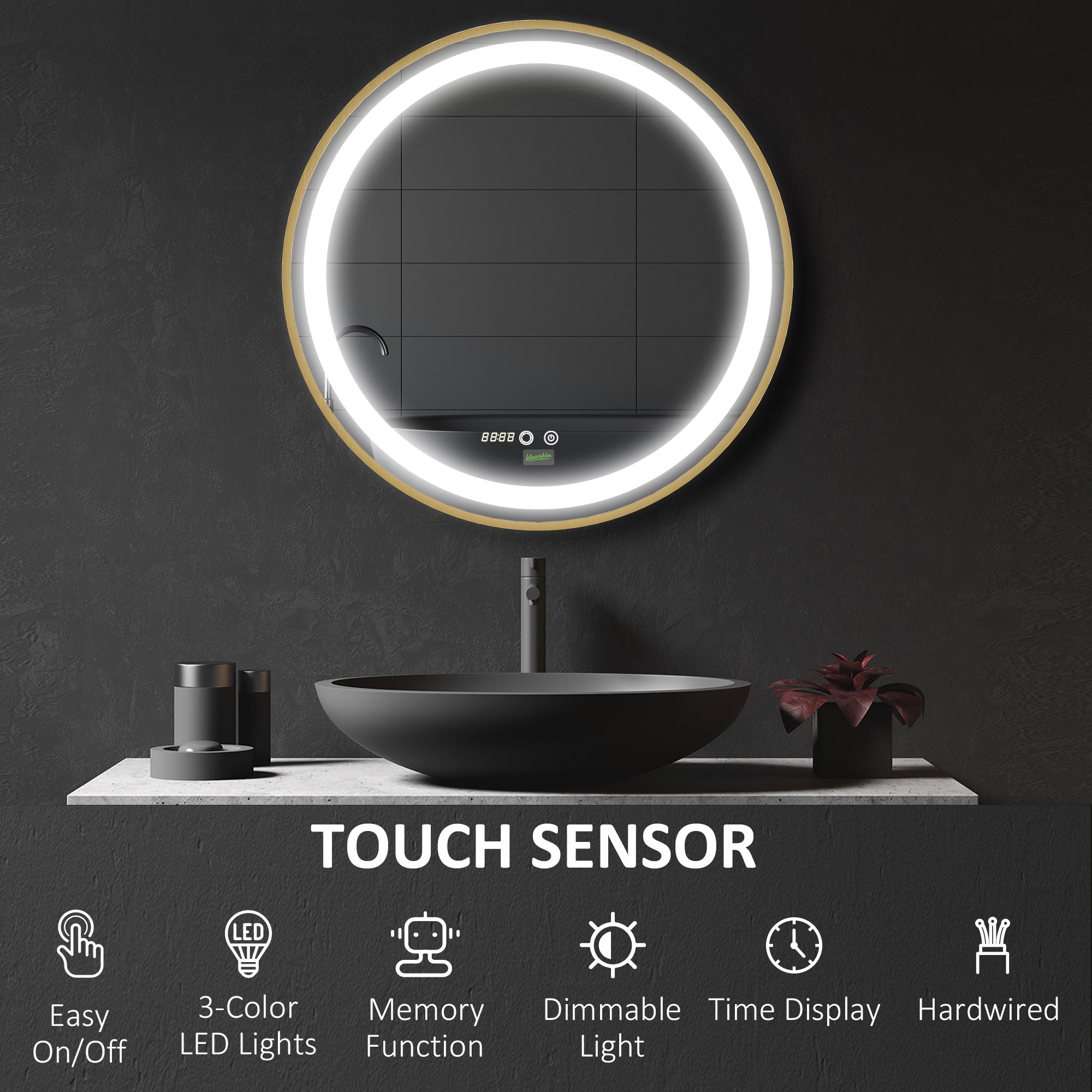 kleankin Round LED Bathroom Mirror, Dimmable Lighted Wall Mount Mirror with 3 Colours, Time Display, Memory Function, Hardwired - North Peak Garden Furniture