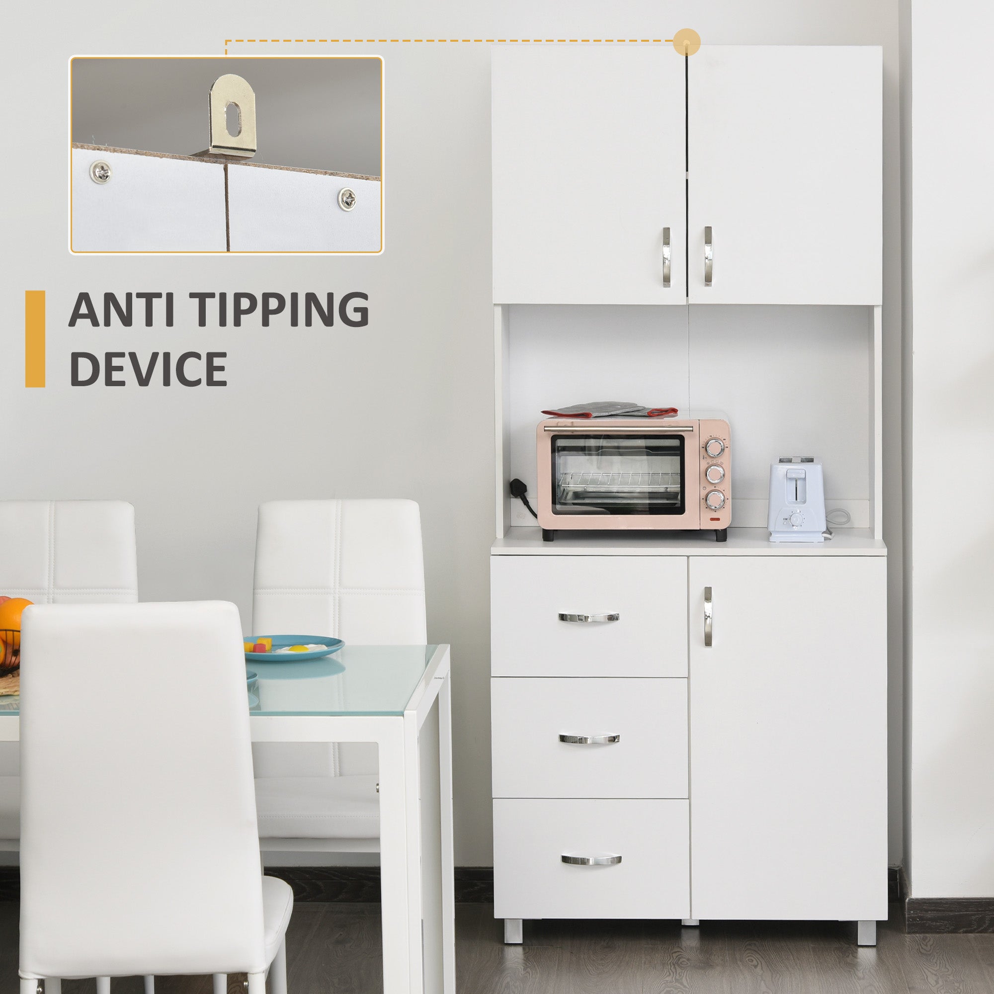 HOMCOM Free standing Kitchen Cupboard, Storage Cabinet with Doors and Sheleves, 3 drawers and Open Space, Adjustable Height Storage Unit, White