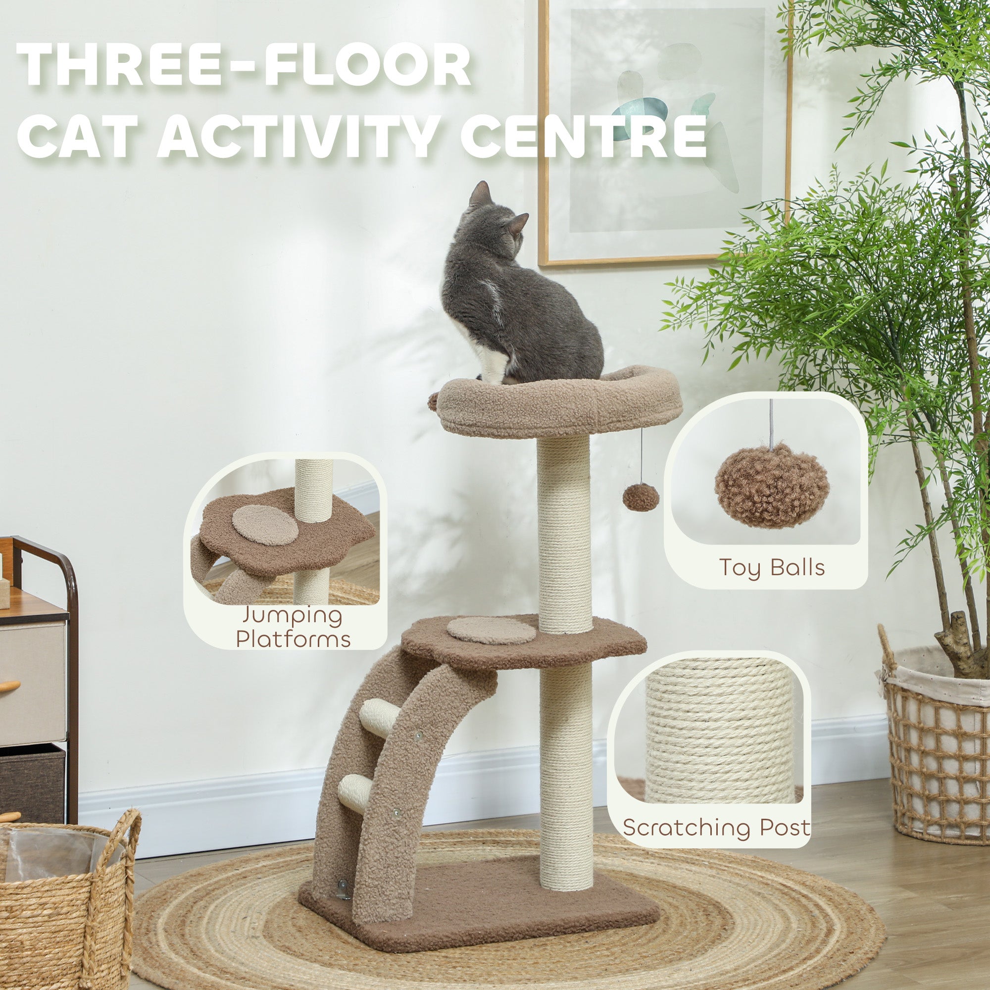 PawHut Cat Tee for Indoor Cats, 88cm Cat Tower with Sisal Scratching Post, Hanging Ball, Large Cat Perch, Stairs, Brown - North Peak Garden Furniture