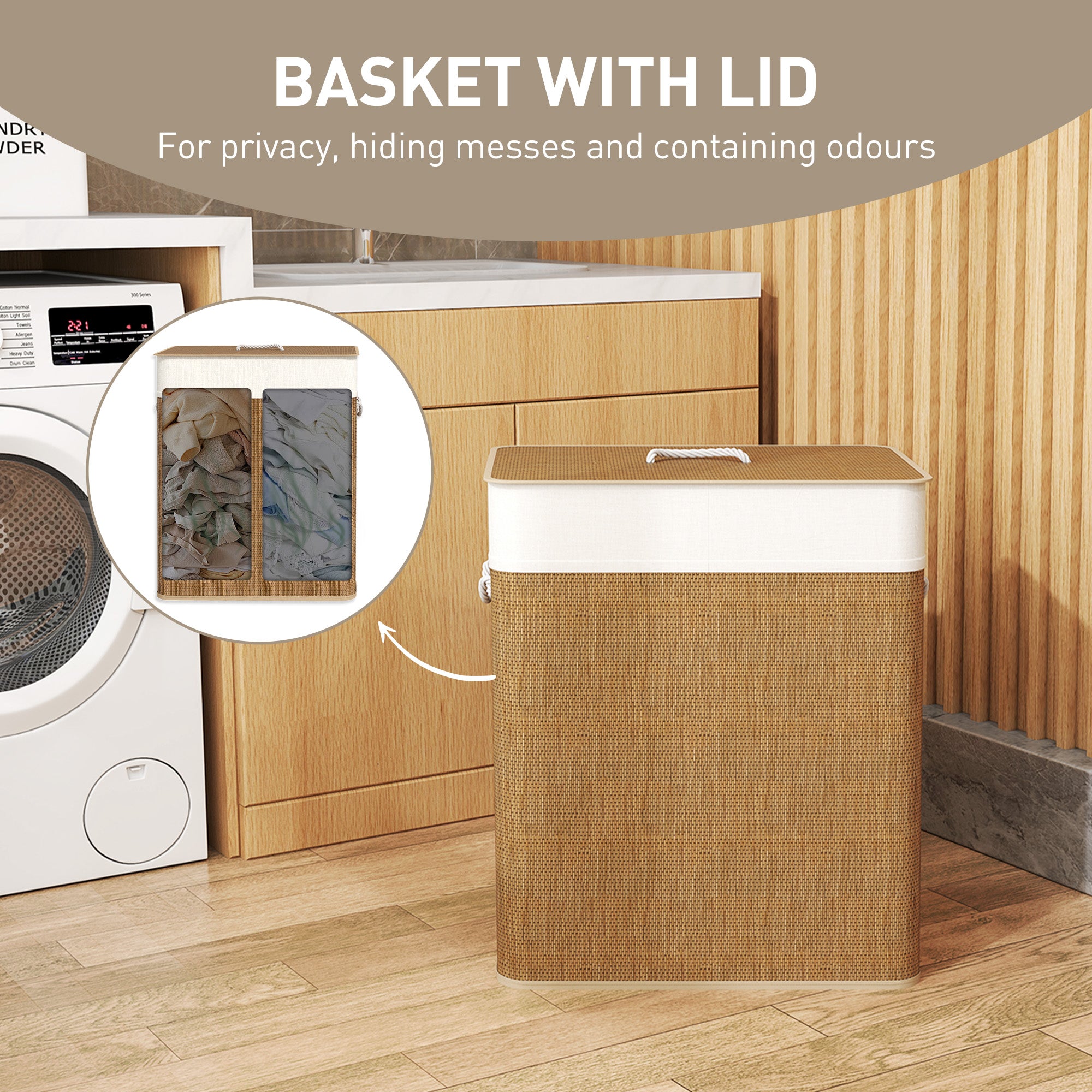 HOMCOM Double Laundry Basket with Lid, 100L Bamboo Laundry Hamper with Rope Handles, Washing Basket with Removable Liner for Bathroom, Bedroom, Brown - North Peak Garden Furniture