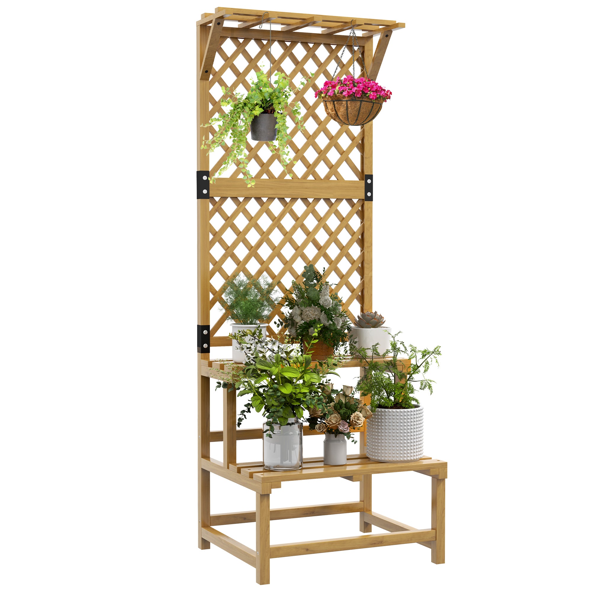 Outsunny Wooden Plant Stand with Trellis, Freestanding Raised Garden Bed for Climbing Plants, Planter Box to Grow Vegetables, Herbs and Flowers for Garden, Patio, Yellow