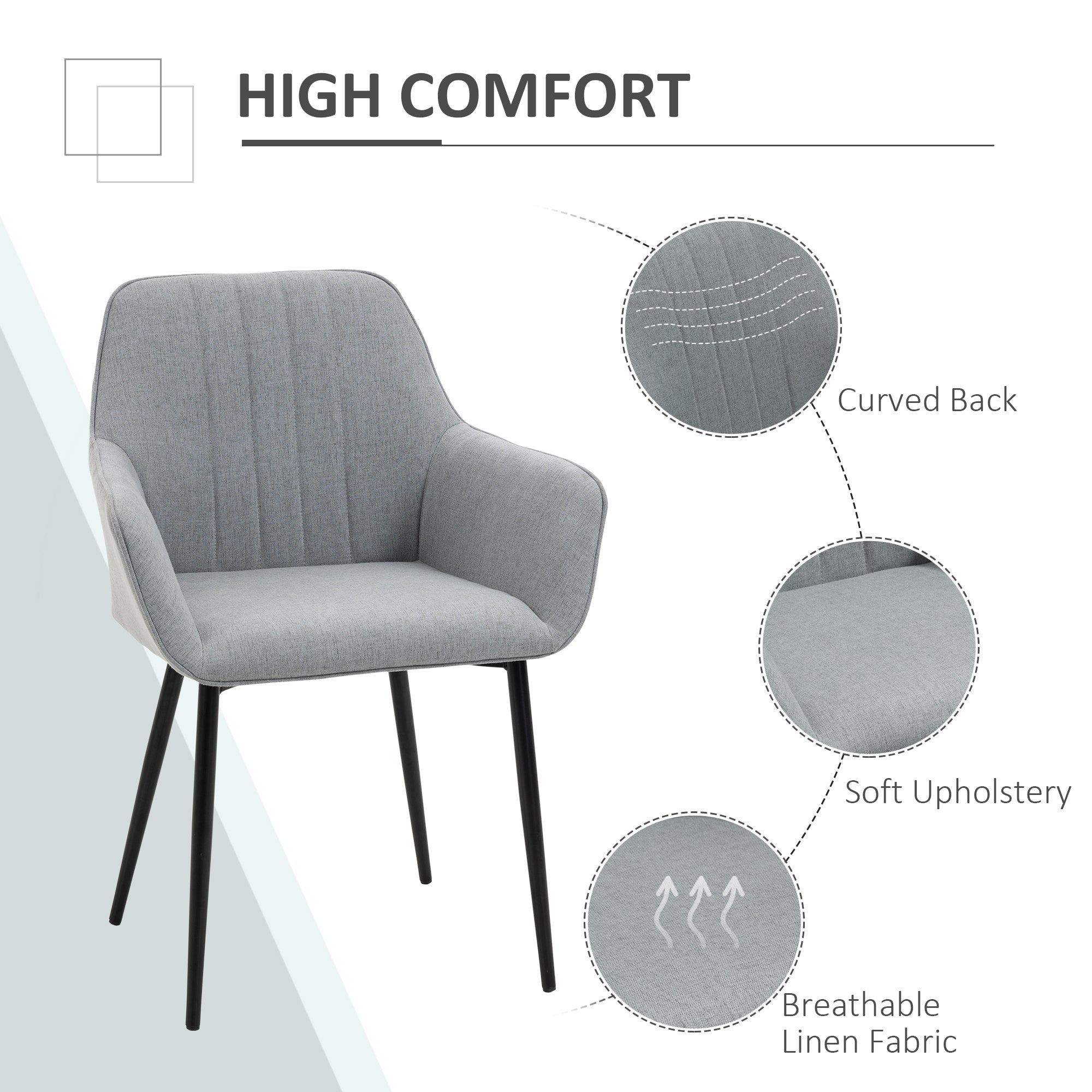 HOMCOM Dining Chairs Upholstered Linen Fabric Accent Chairs with Metal Legs, Set of 2, Light Grey - North Peak Garden Furniture
