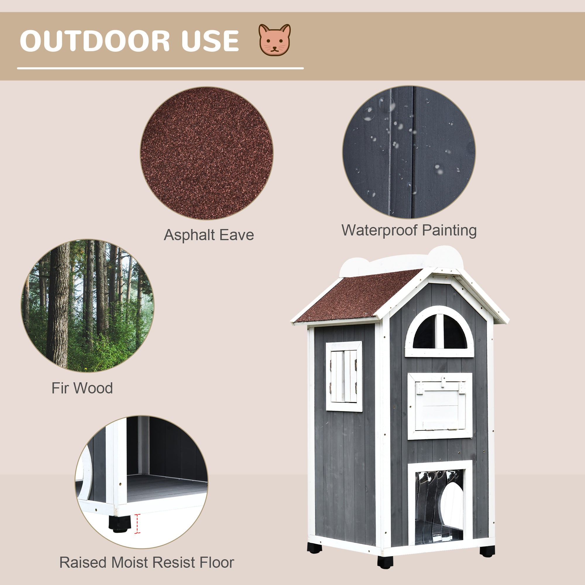 PawHut Wooden Cat House, Weatherproof Pet Shelter, Outdoor Cat Condos Cave, 2 Floor Furniture, Grey and White - North Peak Garden Furniture