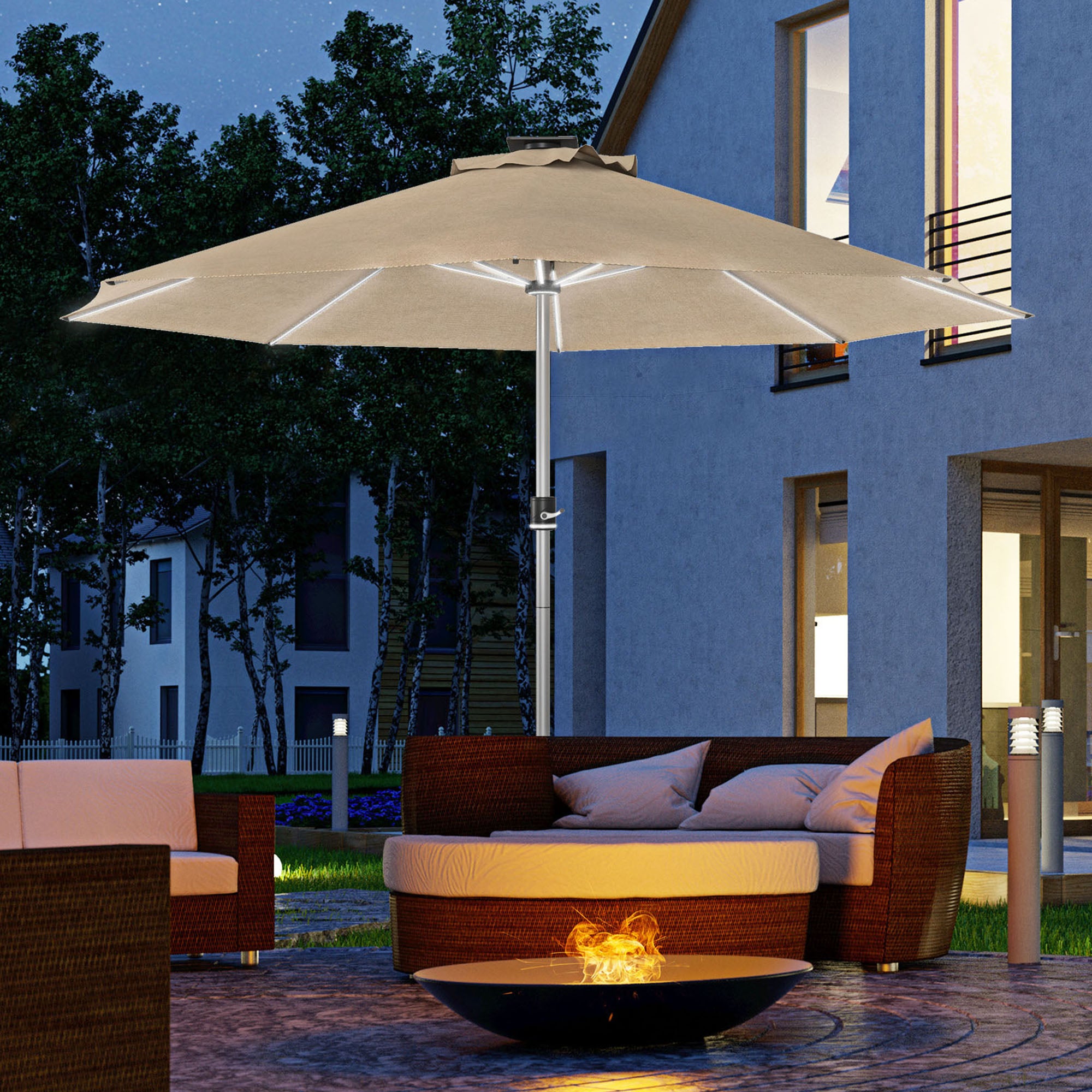 Outsunny 3m Parasol, with Solar-Powered LED Lights - Khaki - North Peak Garden Furniture