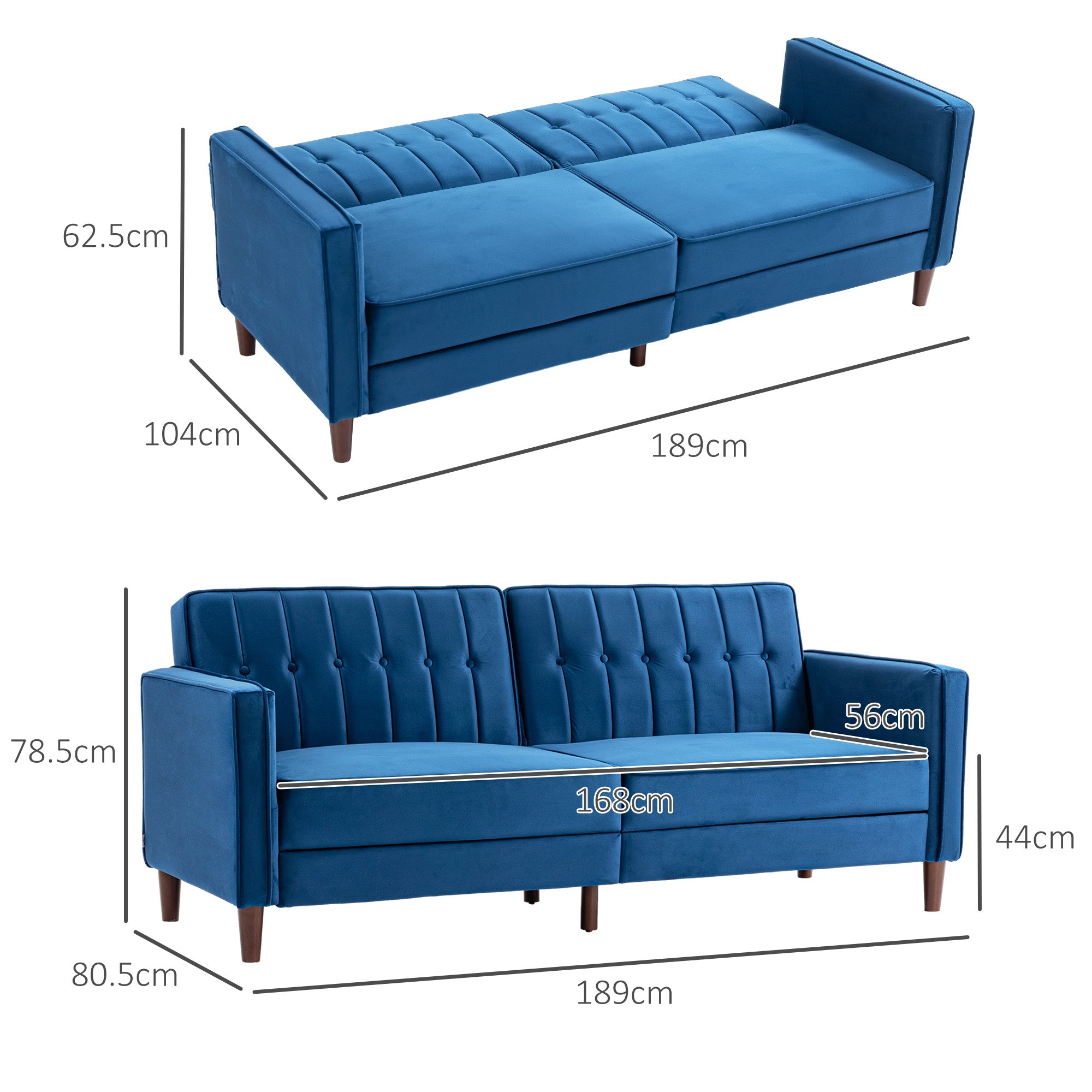 HOMCOM Velvet-Feel Three-Seater Sofa Bed - Blue - North Peak Garden Furniture