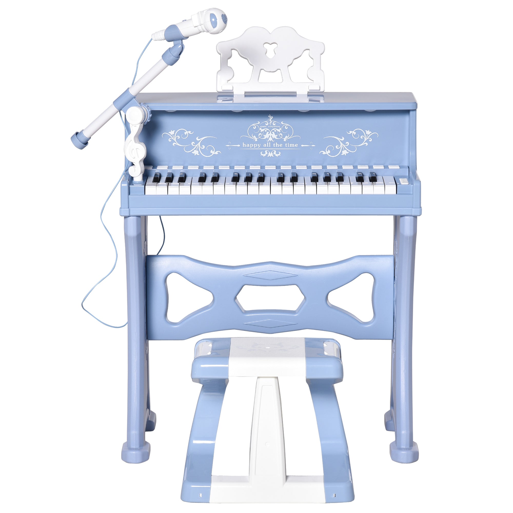 HOMCOM 37 Keys Kids Piano Mini Electronic Keyboard Light Kids Musical Instrument Educational Game Children Grand Piano Toy Set w/Stool & Microphone & Music Stand (Blue) - North Peak Garden Furniture