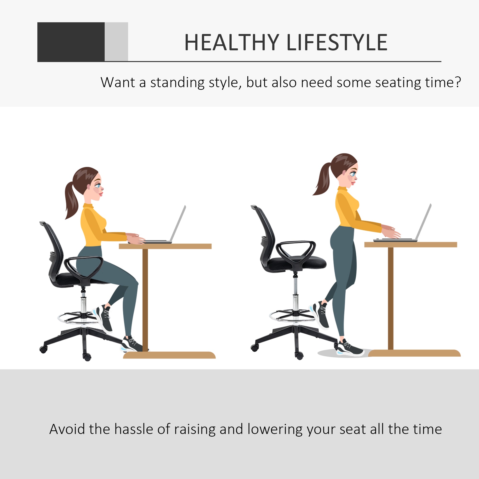 Vinsetto Ergonomic Mesh Back Drafting Chair, Tall Office Chair, Draughtsman Chair with Adjustable Height and Footrest 360° Swivel, Set of 5 - North Peak Garden Furniture