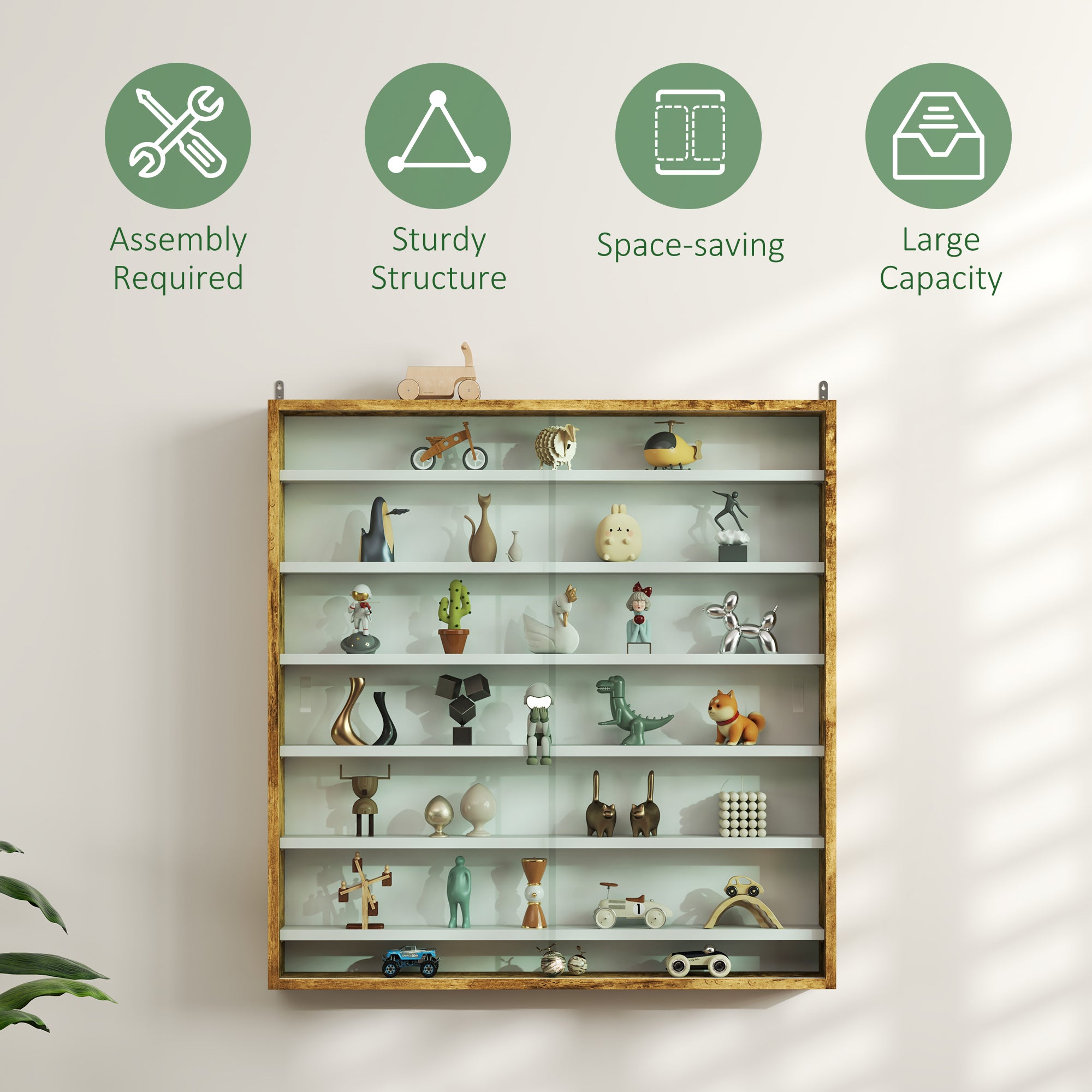 HOMCOM 7-Tier Wall Display Shelf Unit Cabinet w/ 6 Adjustable Shelves Glass Doors Home Office Ornaments 83x80cm, Rustic Brown - North Peak Garden Furniture