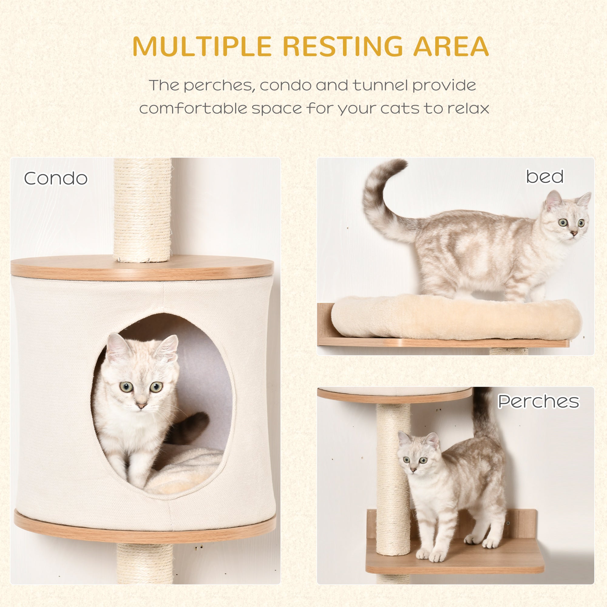 PawHut Wall-Mounted Cat Tree, with Cat House, Bed, Scratching Post - Beige - North Peak Garden Furniture