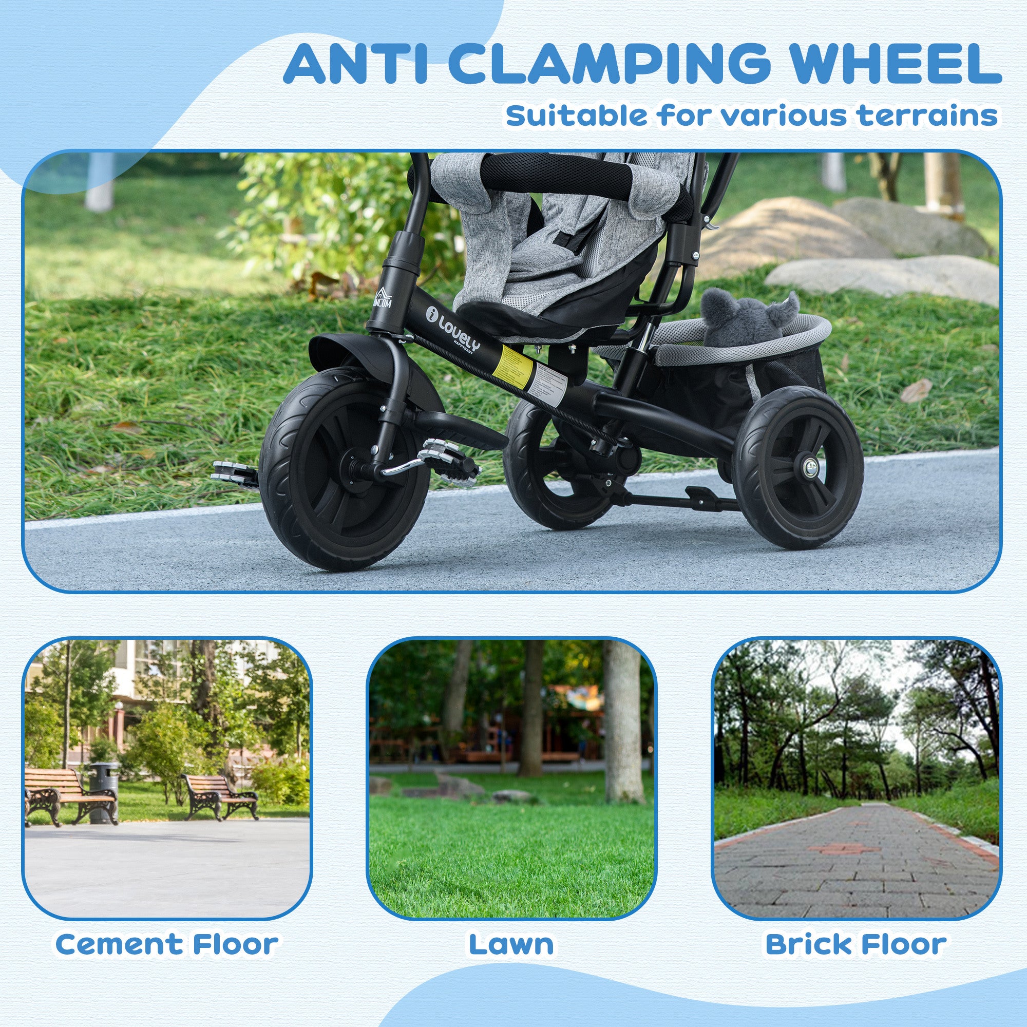 HOMCOM 6 in 1 Kids Trike Push Bike w/ Push Handle, Canopy, 5-point Safety Belt, Storage, Footrest, Brake, for 1-5 Years, Grey - North Peak Garden Furniture