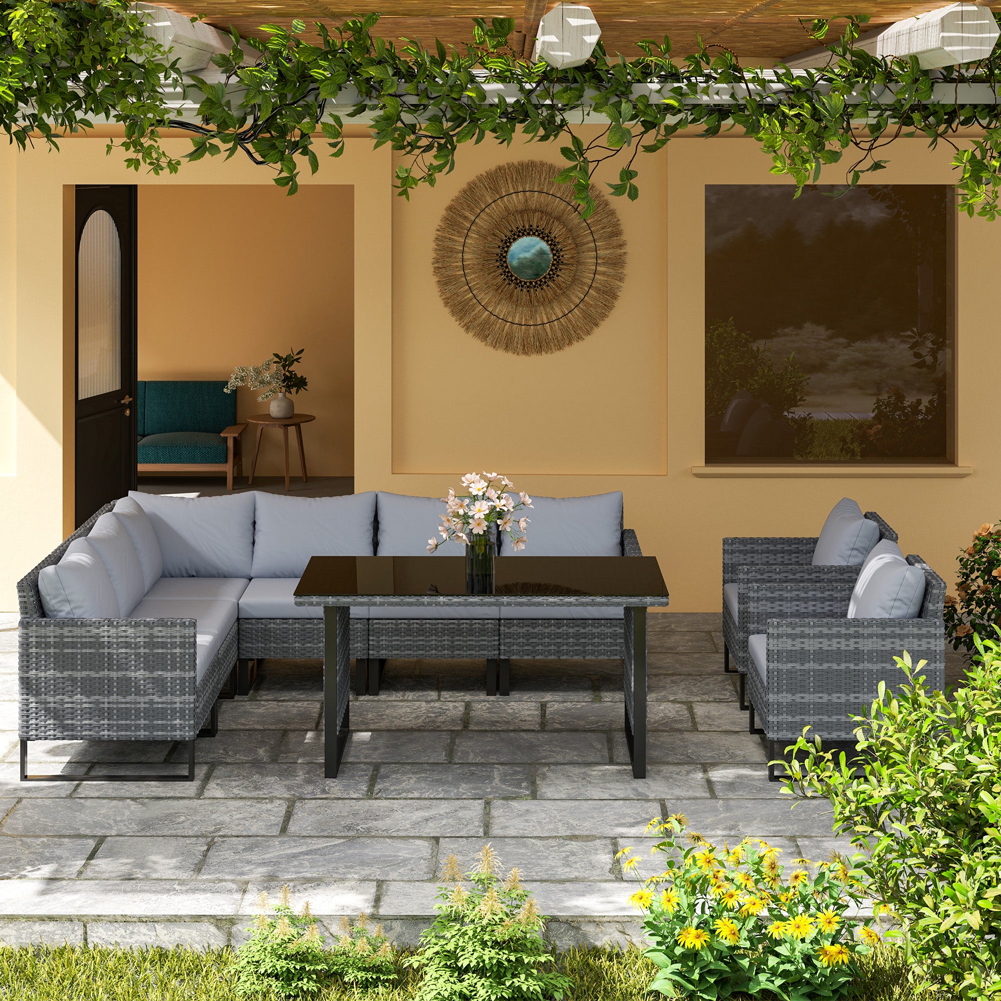 Outsunny 9 Piece Rattan Garden Furniture Set, 8 Seater Garden Corner Sofa with Cushions and Glass Top Table, Sectional Outdoor Furniture Conservatory Set for Patio, Light Grey - North Peak Garden Furniture