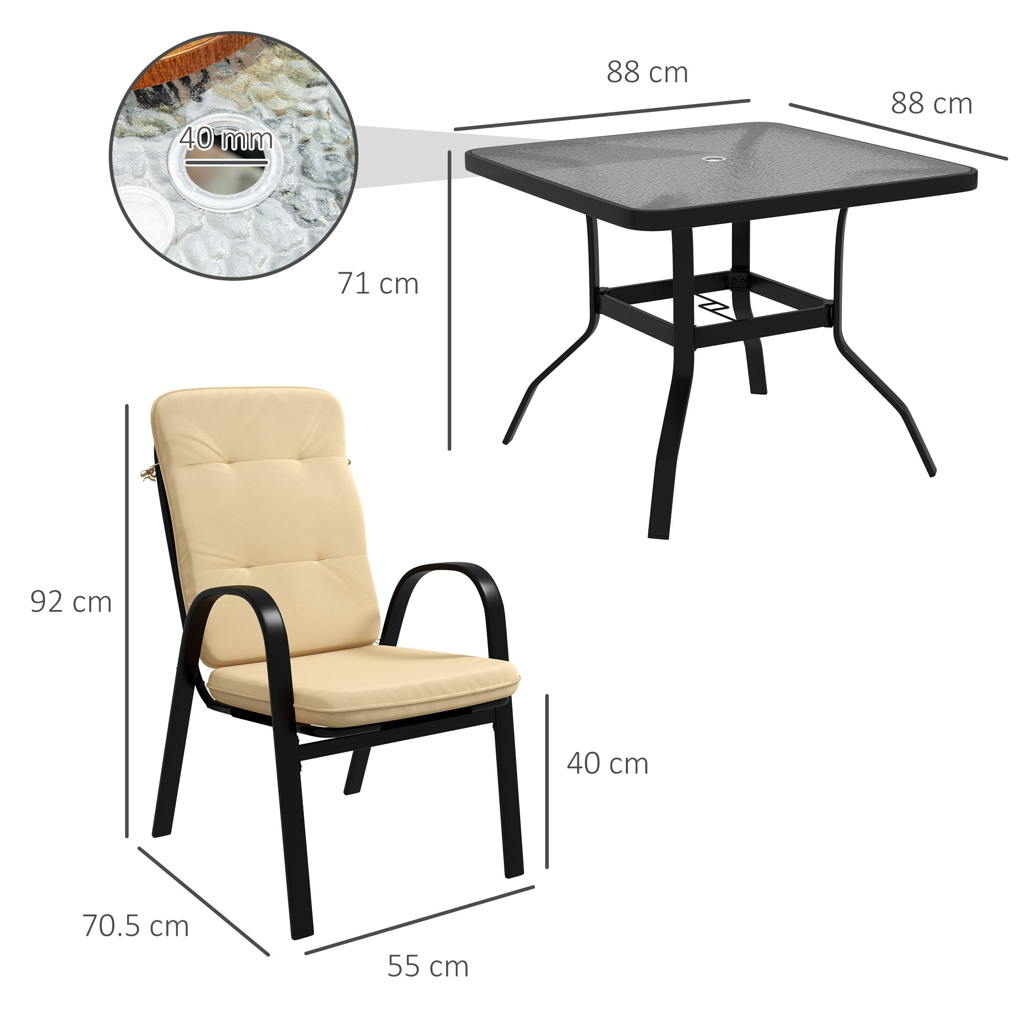 Outsunny 5 Pieces Outdoor Square Garden Dining Set w/ Tempered Glass Dining Table 4 Cushioned Armchairs, Umbrella Hole, Beige - North Peak Garden Furniture