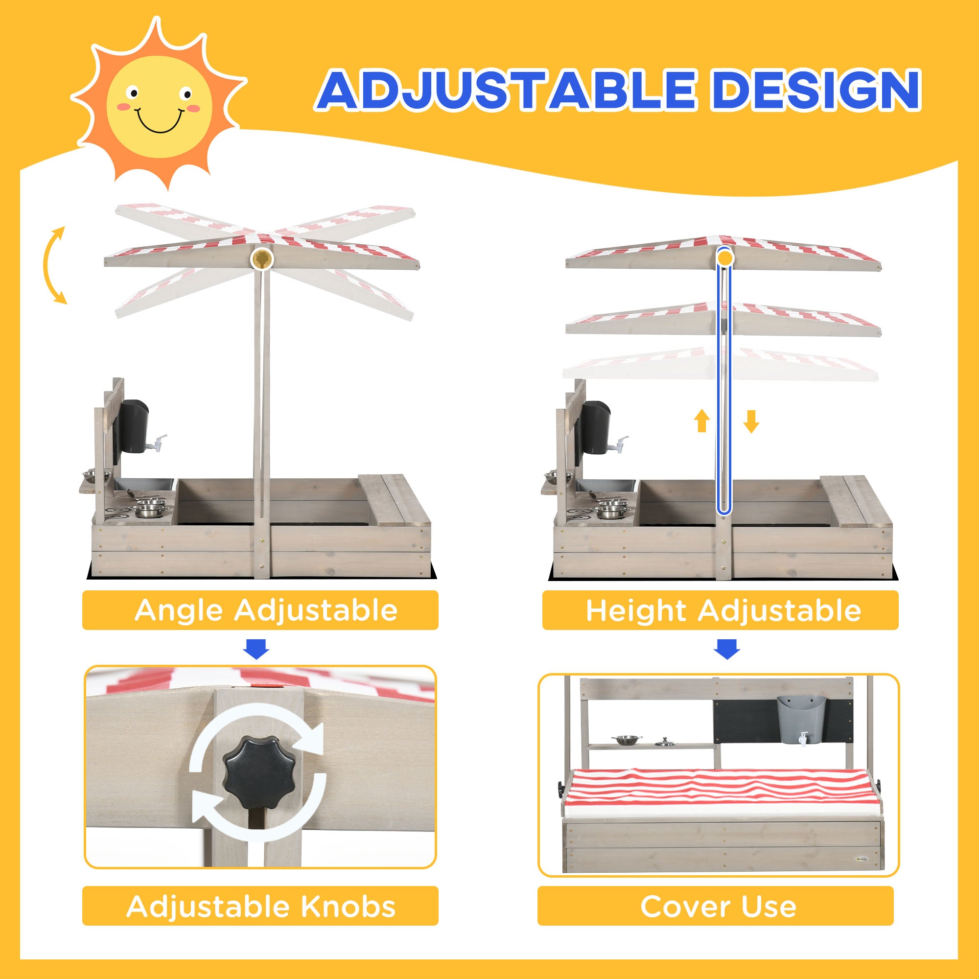 Outsunny Kids Wooden Sandbox w/ Canopy, Kitchen Toys, Seat, Storage, for 3-7 Years Old Outdoor Play - North Peak Garden Furniture