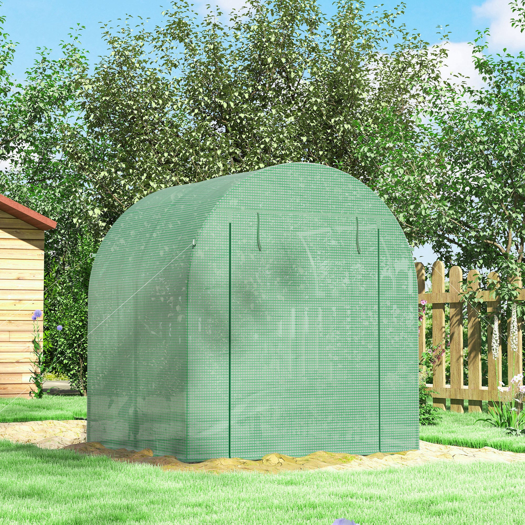Outsunny Walk in Polytunnel Greenhouse, Green House for Garden with Roll-up Window and Door, 1.8 x 1.8 x 2 m, Green