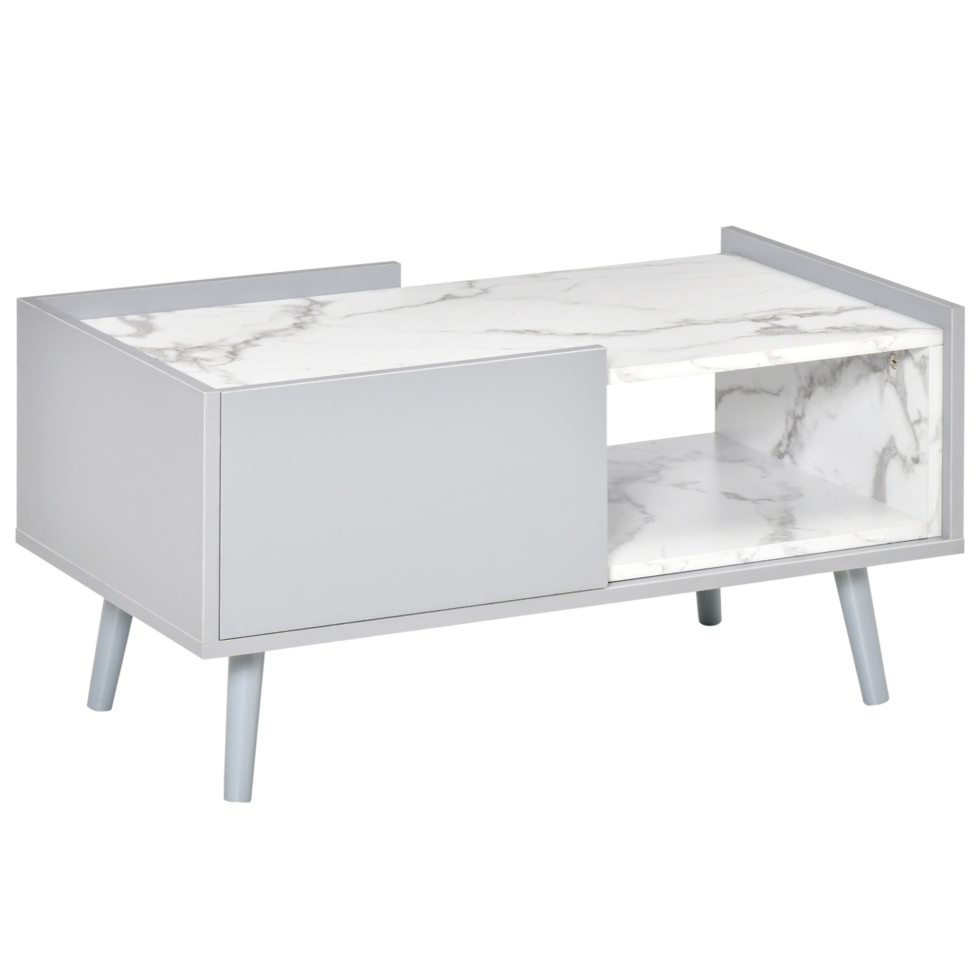HOMCOM White Coffee Table with Faux Marble Top, 2-Tier Wood Center Table Sofa Table with Storage Drawer and Shelf for Home Living Room Reception Room - North Peak Garden Furniture