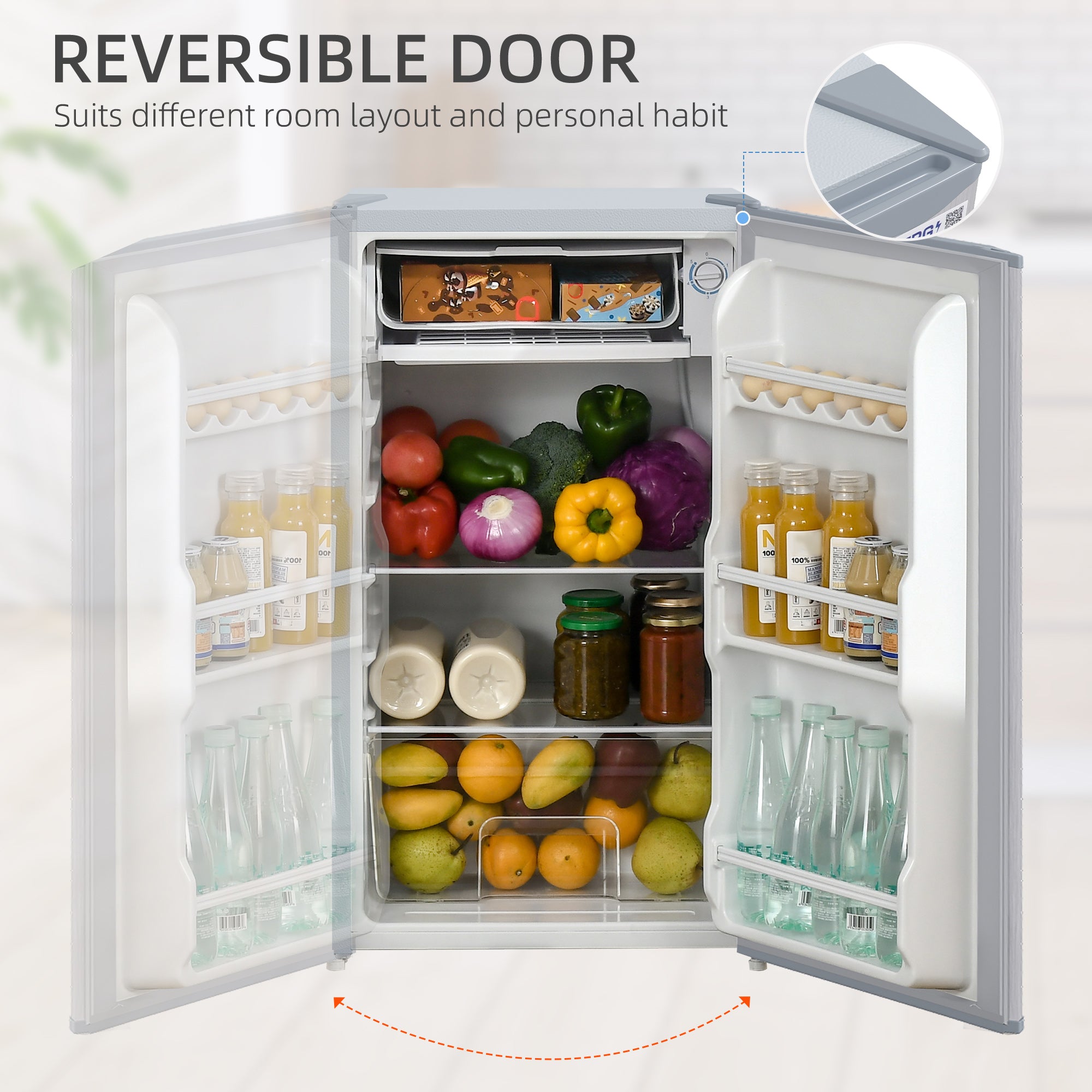 HOMCOM 91 Litre Freestanding Under Counter Fridge Freezer with Chiller Box, Reversible Door, Adjustable Thermostat, 47.5cm Wide, Noise Level: Decibels 40, Grey - North Peak Garden Furniture