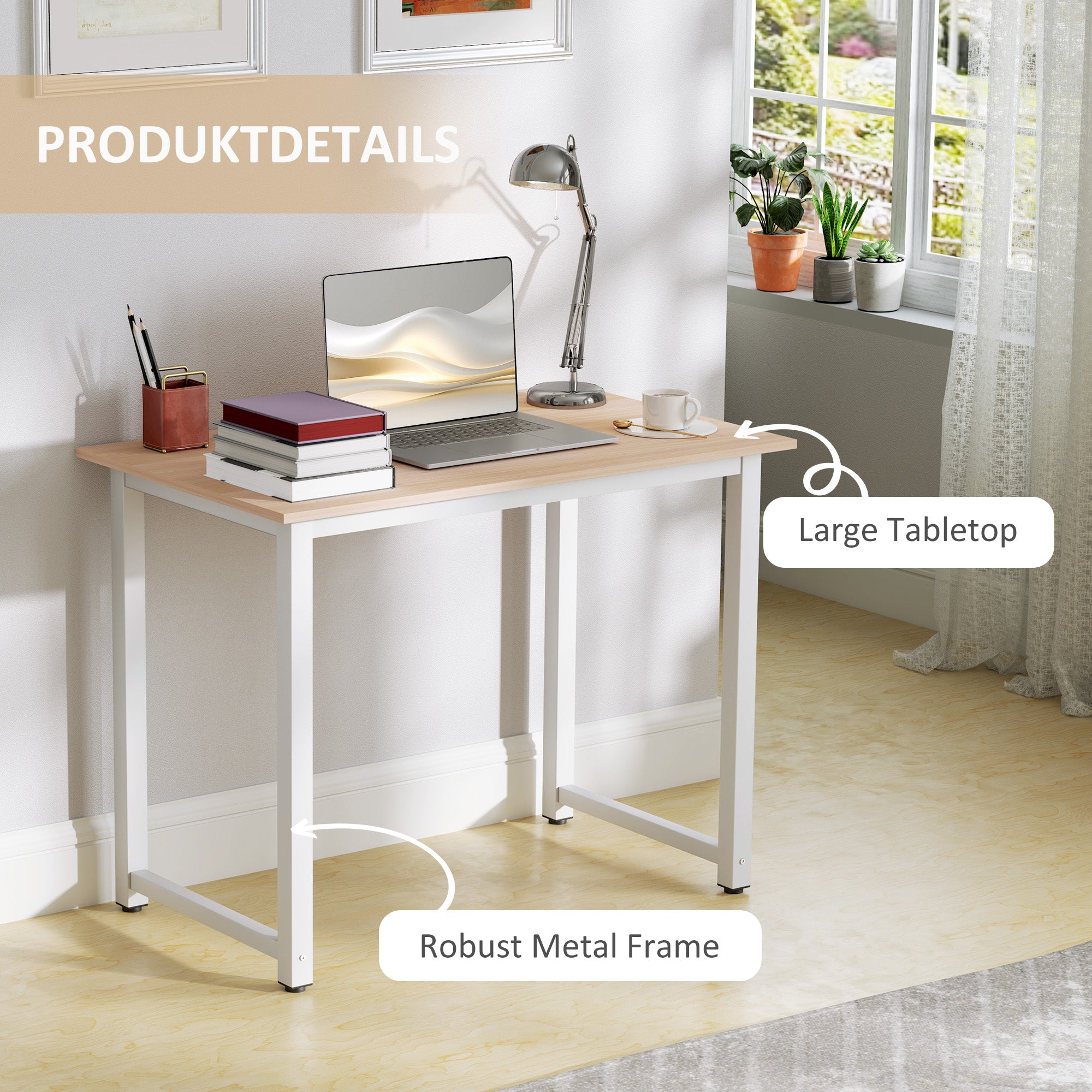 HOMCOM Computer Desk, Writing Table, 100 x 60 x 76cm Workstation for Home Office, Study with Metal Frame, Simple Assembly, White - North Peak Garden Furniture
