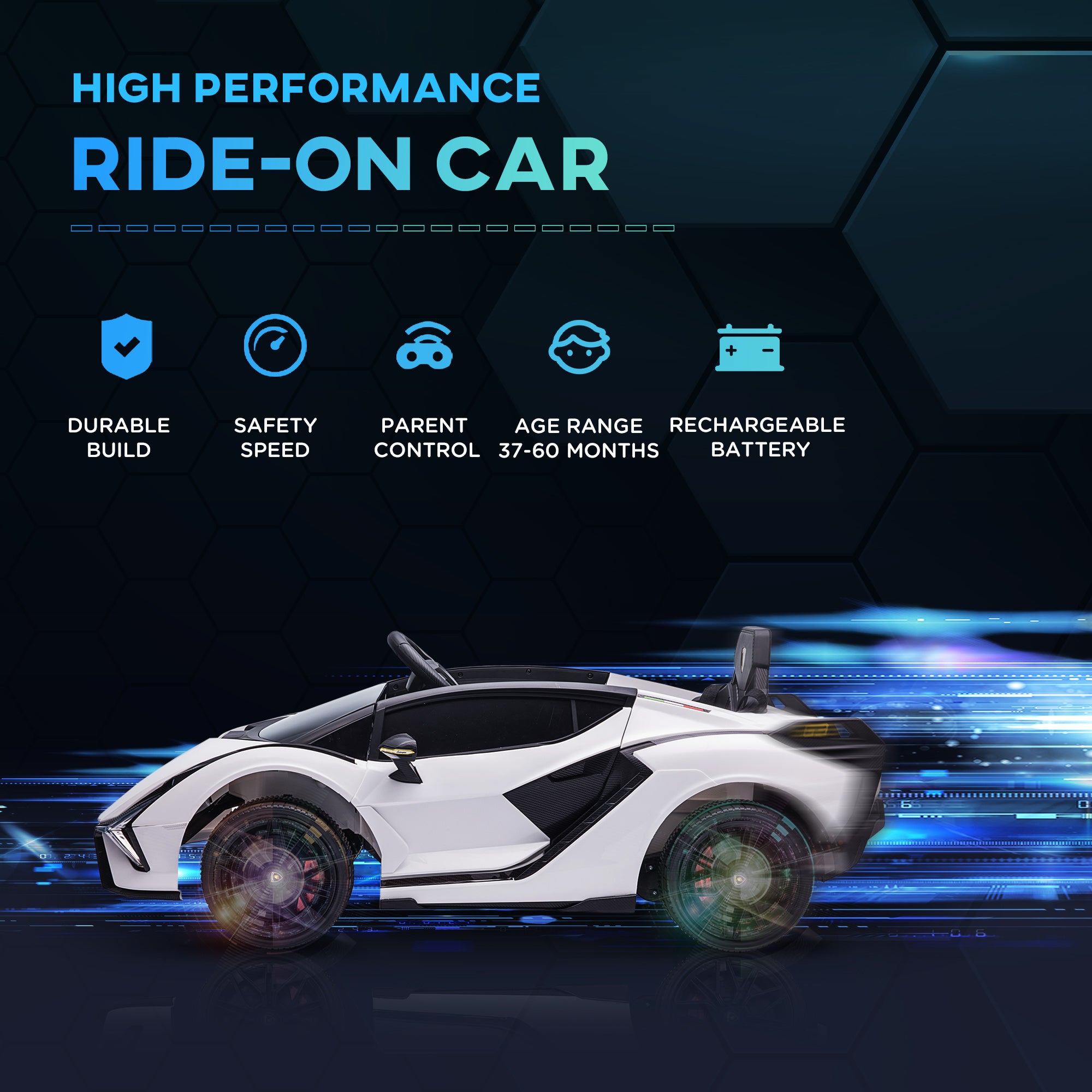 HOMCOM Lamborghini Sian Licensed 12V Kids Electric Ride On Car 2 Motors Toy Car with Remote Control Music Lights MP3 for 3-5 Years White