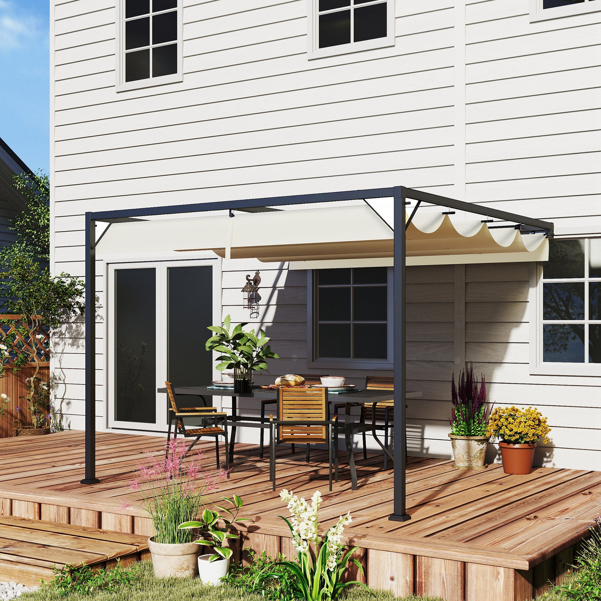 Outsunny 3 x 3(m) Outdoor Pergola with Retractable Canopy -Cream White - North Peak Garden Furniture