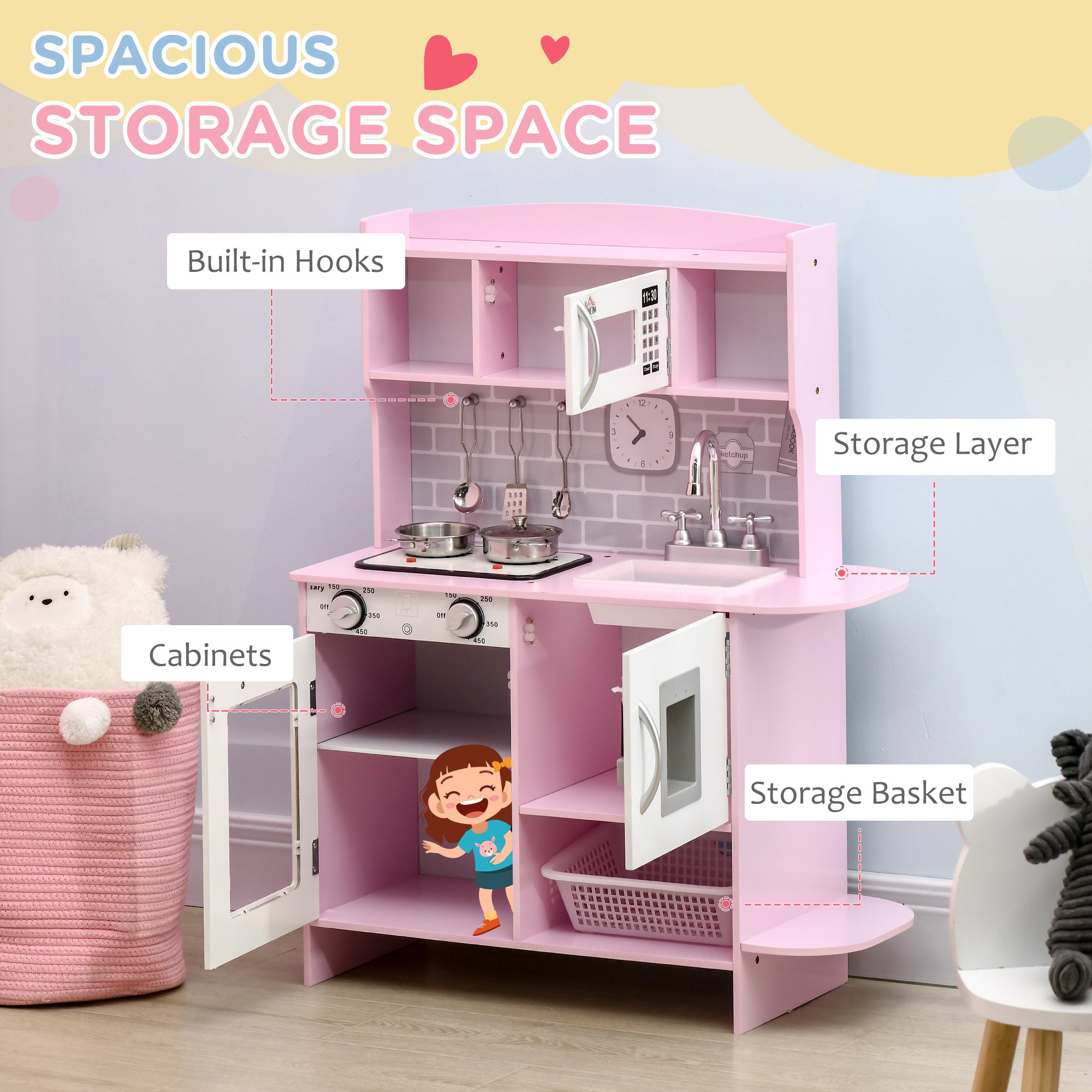 HOMCOM Kids Kitchen Playset, with Lights, Sounds, Microwave, Sink and Storage - Pink - North Peak Garden Furniture