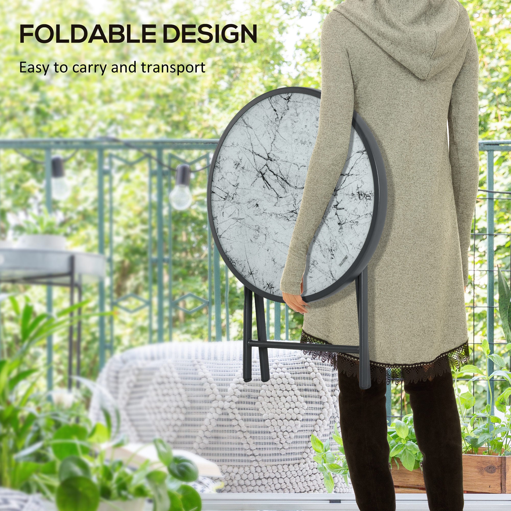 Outsunny Φ45cm Garden Side Table, Outdoor Round Folding Patio Table with Imitation Marble Glass Top, Small Coffee Table, White - North Peak Garden Furniture