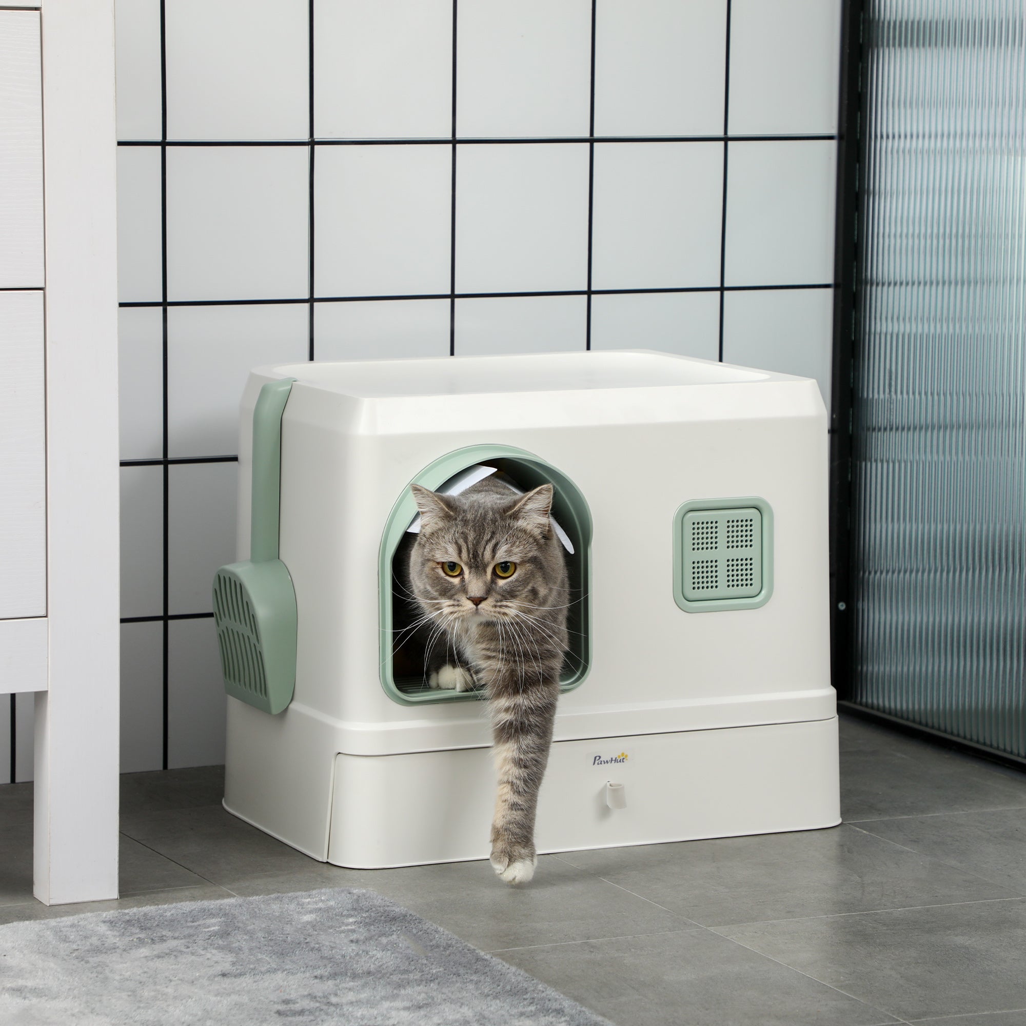 PawHut Cat Litter Box, Hooded Cat Litter Tray, with Drawer Pan, Scoop, Deodorants - North Peak Garden Furniture