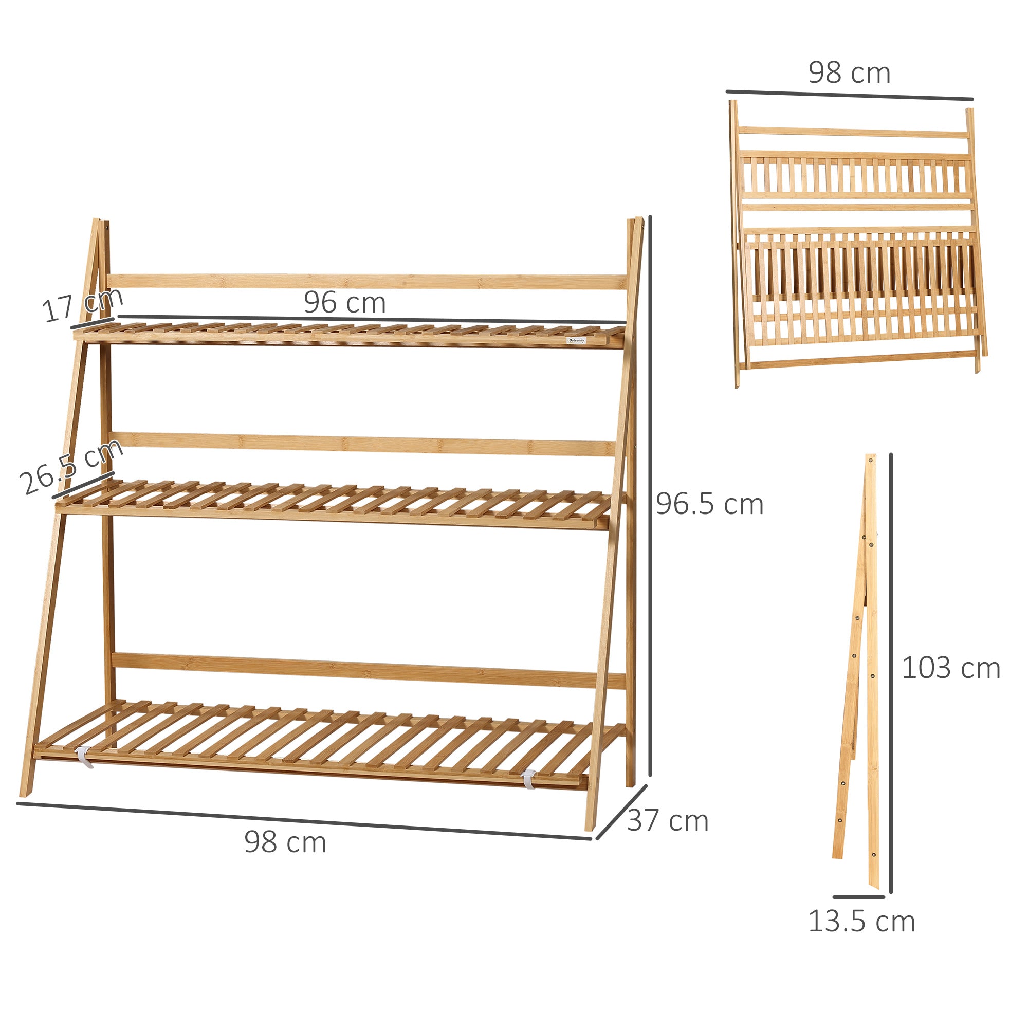 Outsunny 3-Tier Plant Stand, Plant Shelf Rack, Folding Bamboo Display Stand, 98x37x96.5cm, Natural - North Peak Garden Furniture
