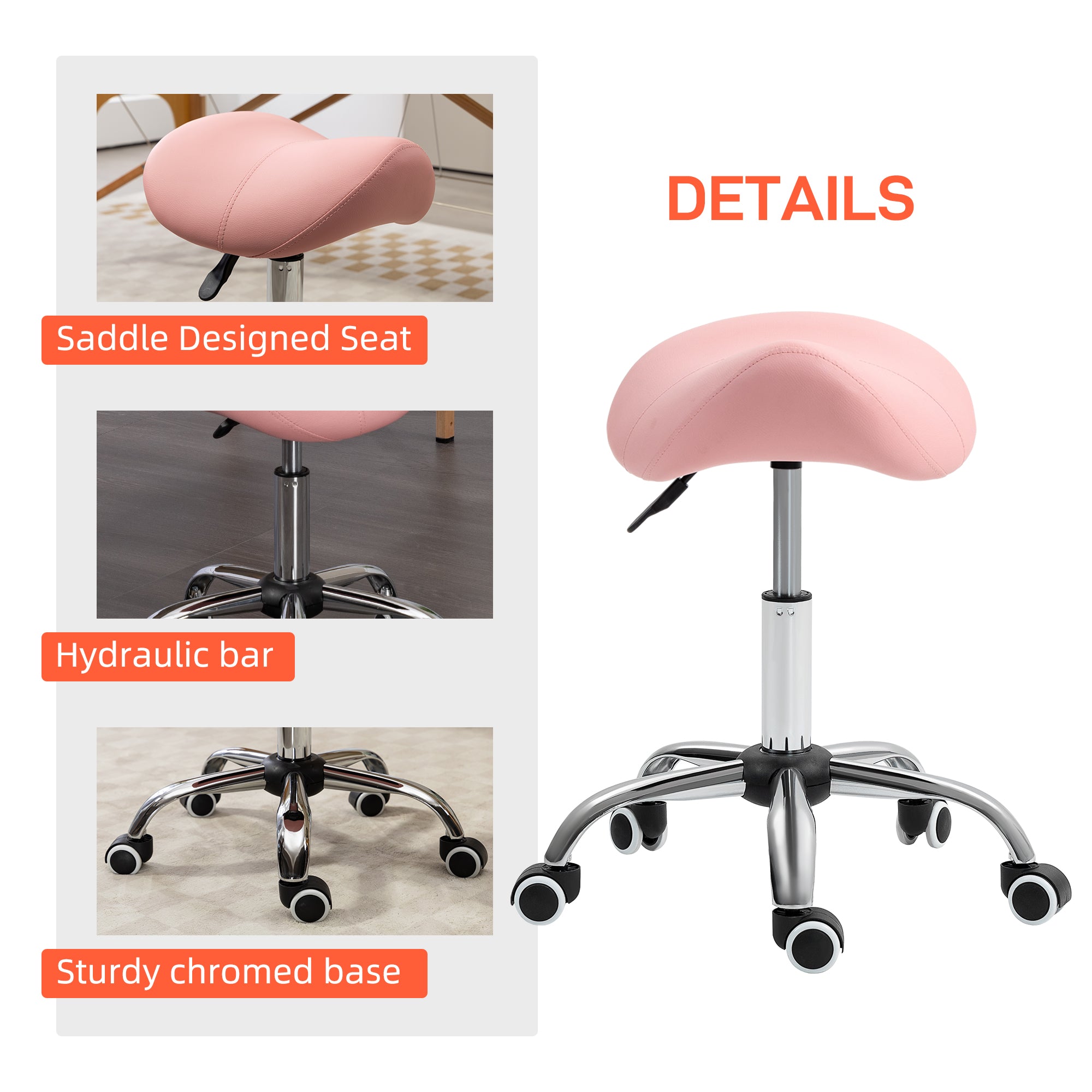 HOMCOM Saddle Stool, Height Adjustable Salon Chair for Massage Spa, Faux Leather, Pink - North Peak Garden Furniture