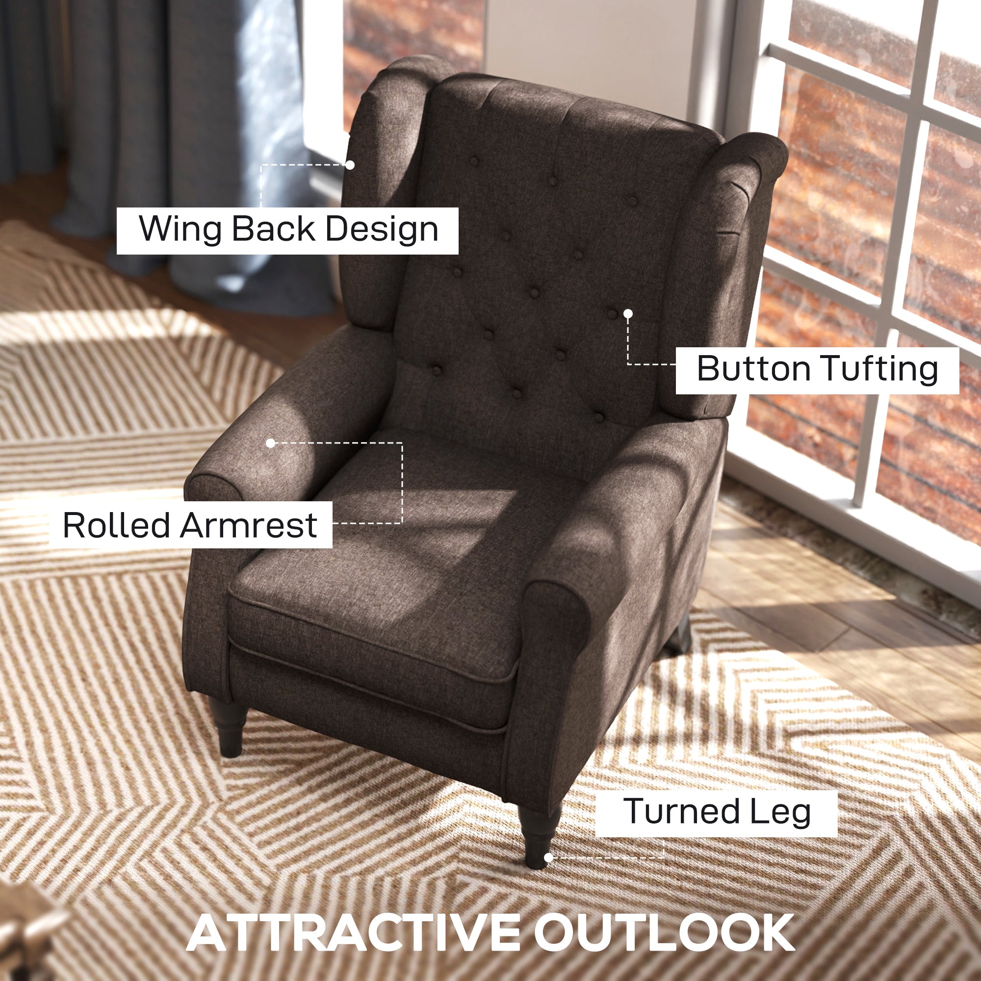 HOMCOM Retro Accent Chair, Wingback Armchair with Wood Frame Button Tufted Design for Living Room Bedroom, Brown - North Peak Garden Furniture